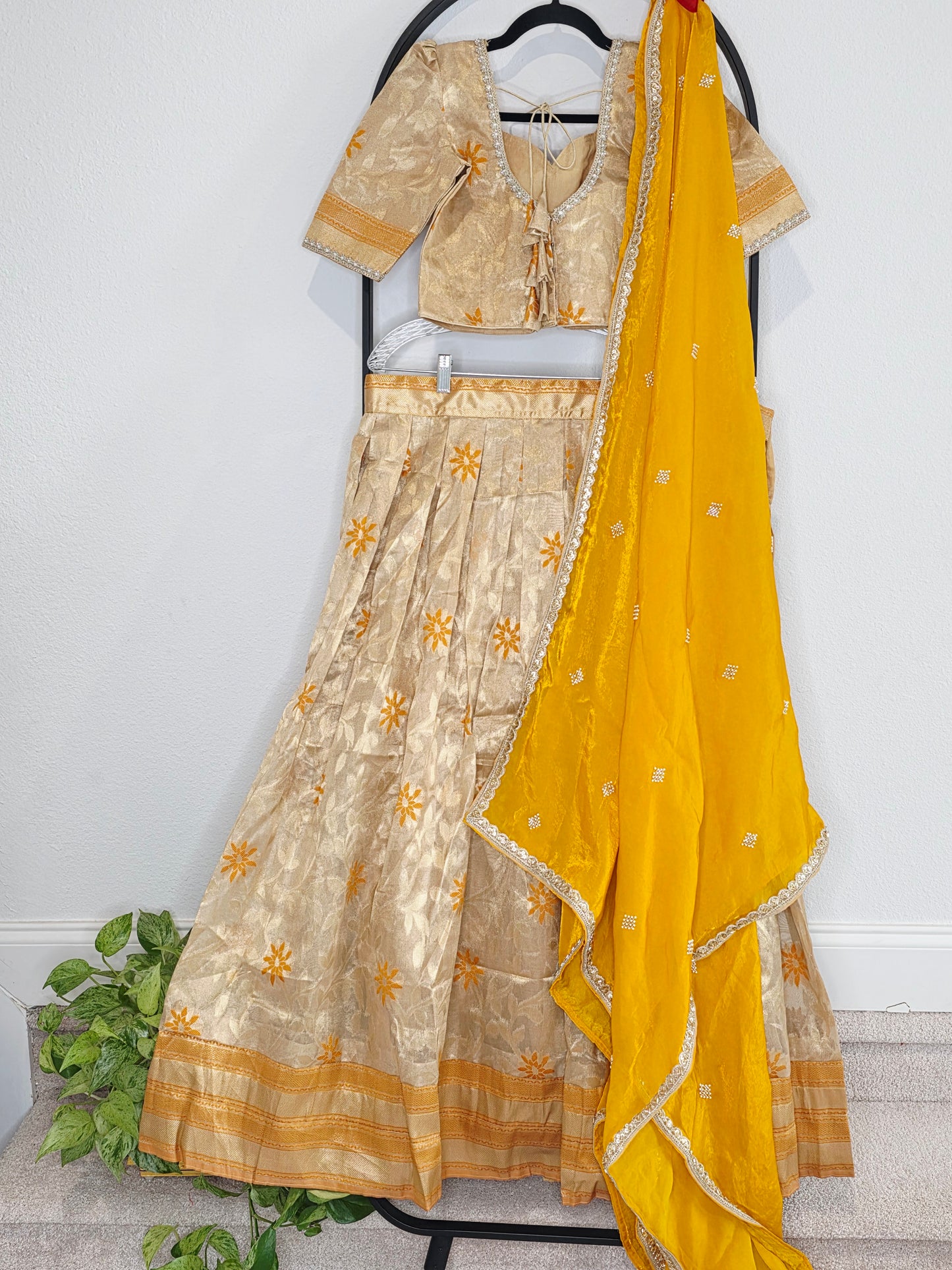 Champagne Gold Tissue Organza Lehenga Set with Mustard Space Silk Dupatta