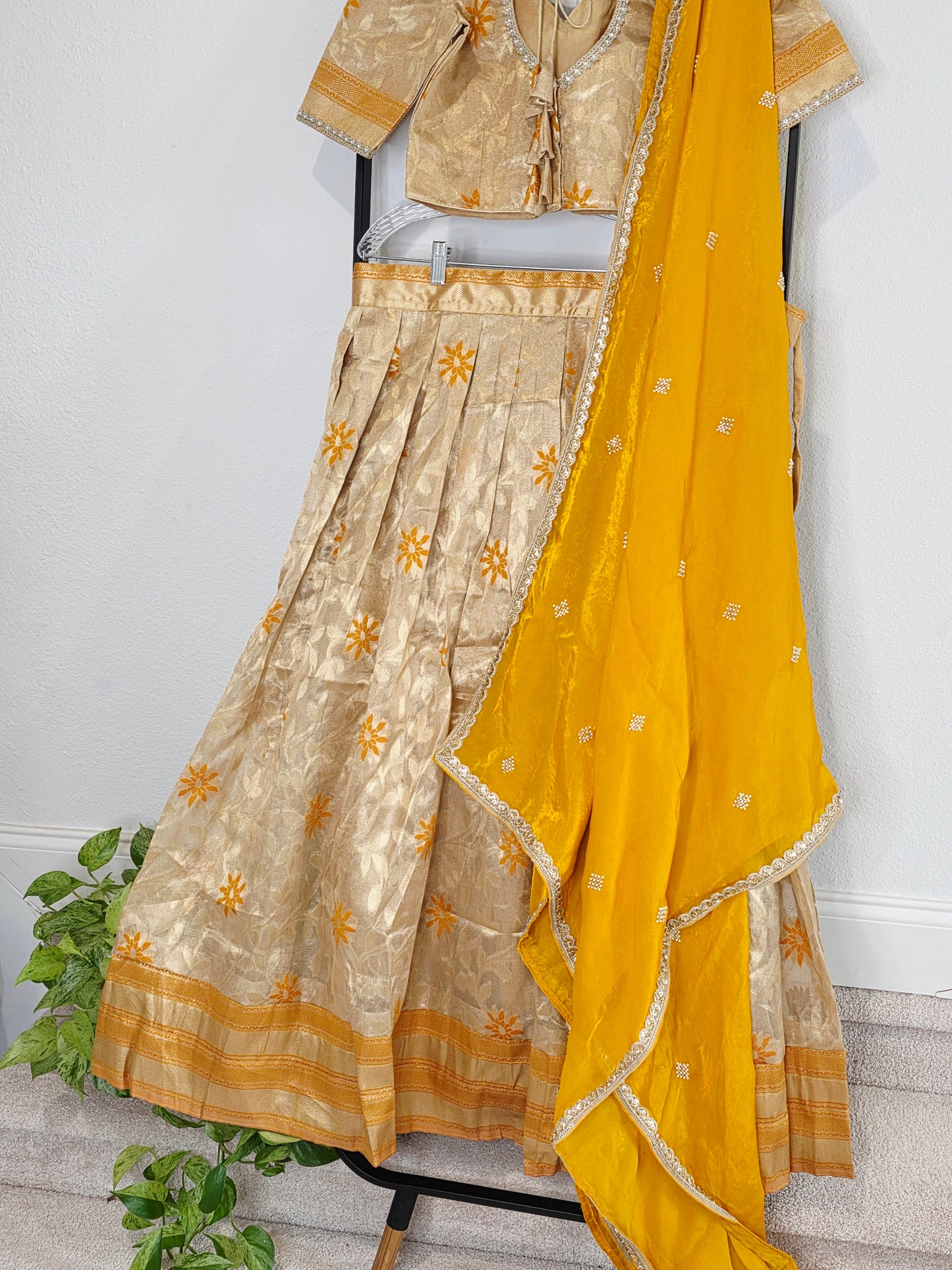 Champagne Gold Tissue Organza Lehenga Set with Mustard Space Silk Dupatta