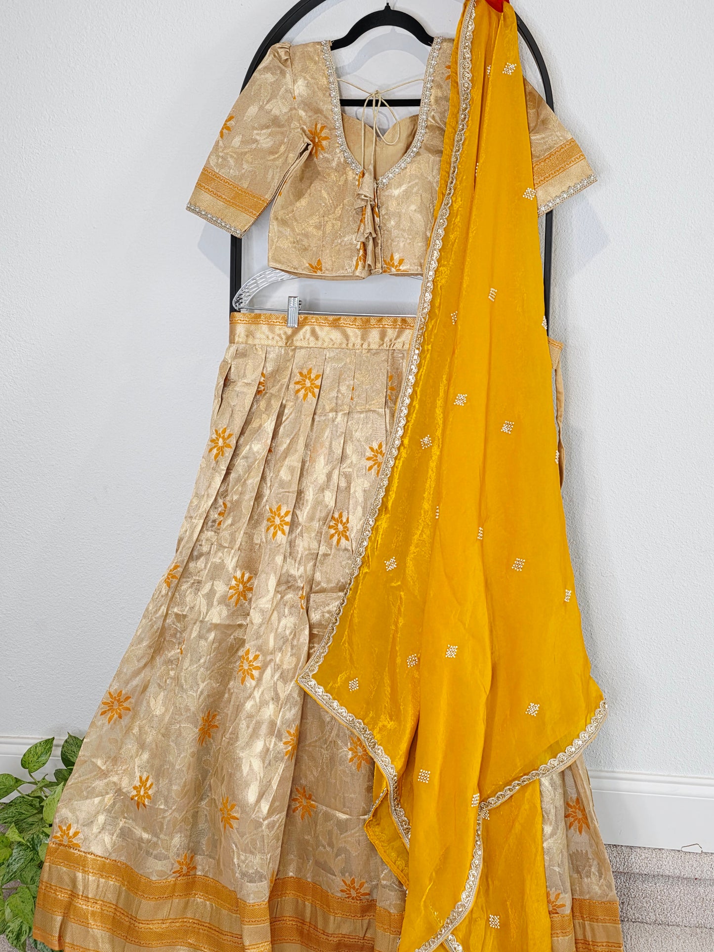 Champagne Gold Tissue Organza Lehenga Set with Mustard Space Silk Dupatta