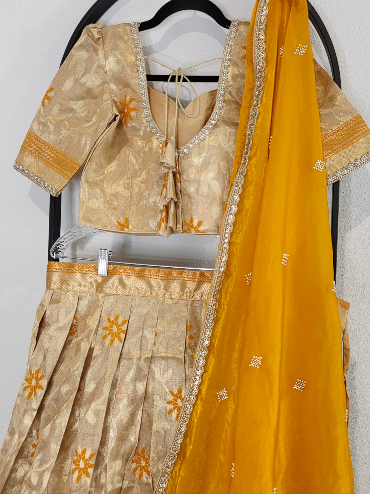Champagne Gold Tissue Organza Lehenga Set with Mustard Space Silk Dupatta