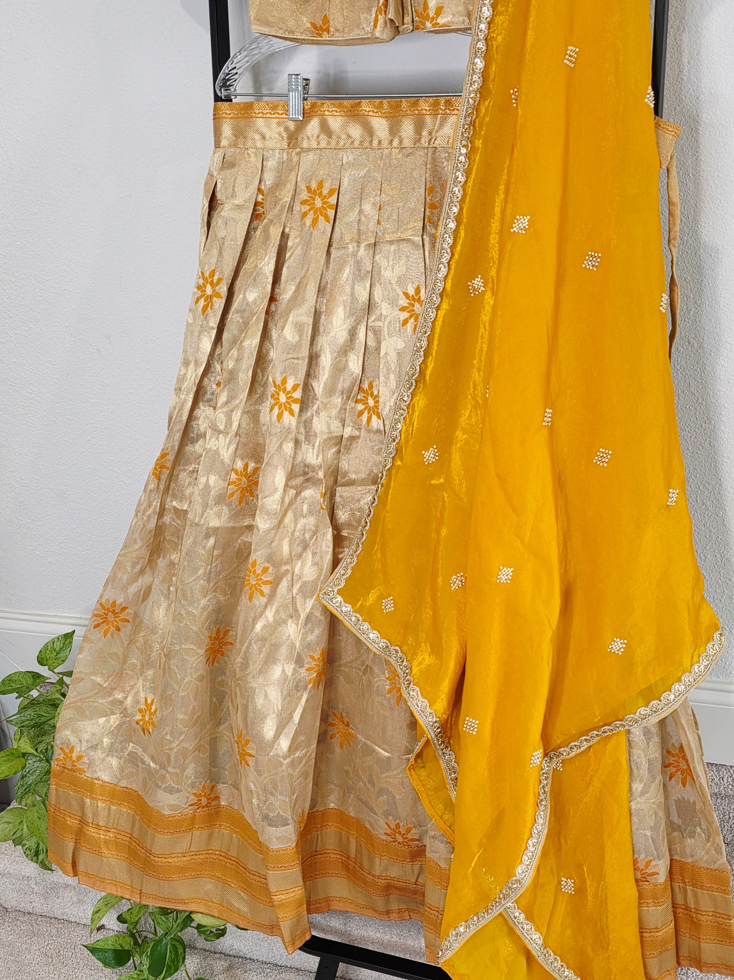 Champagne Gold Tissue Organza Lehenga Set with Mustard Space Silk Dupatta