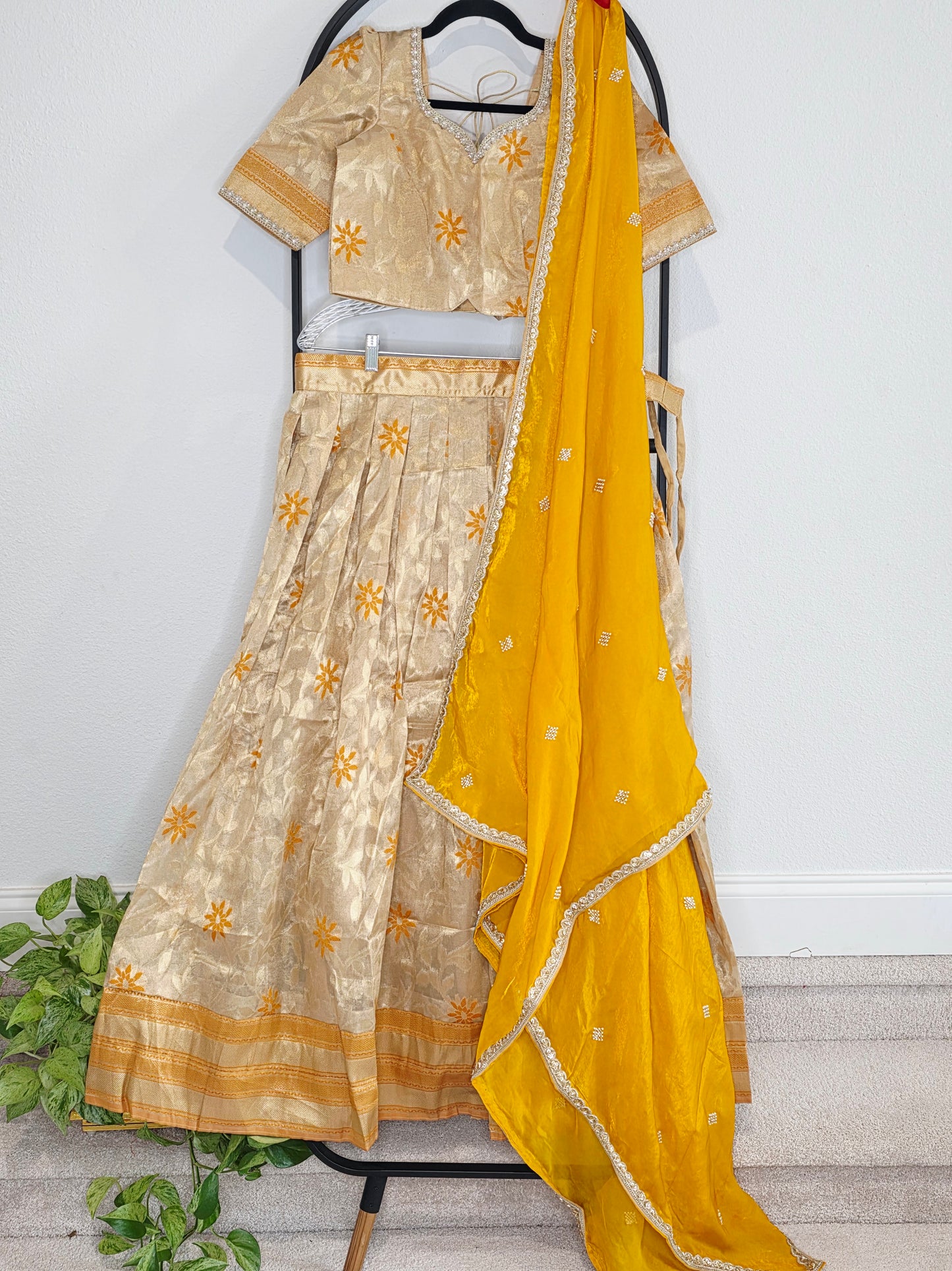 Champagne Gold Tissue Organza Lehenga Set with Mustard Space Silk Dupatta