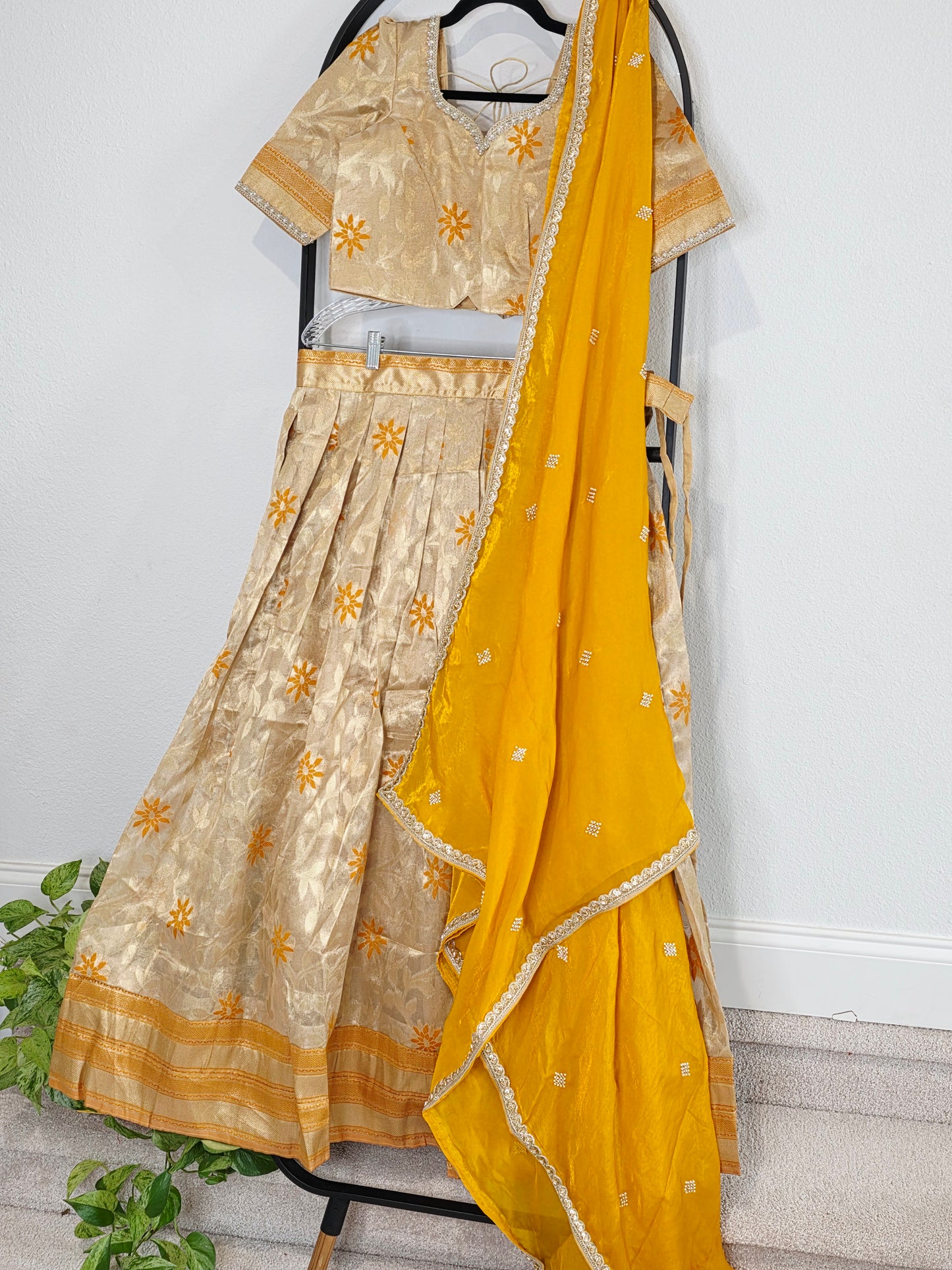 Champagne Gold Tissue Organza Lehenga Set with Mustard Space Silk Dupatta