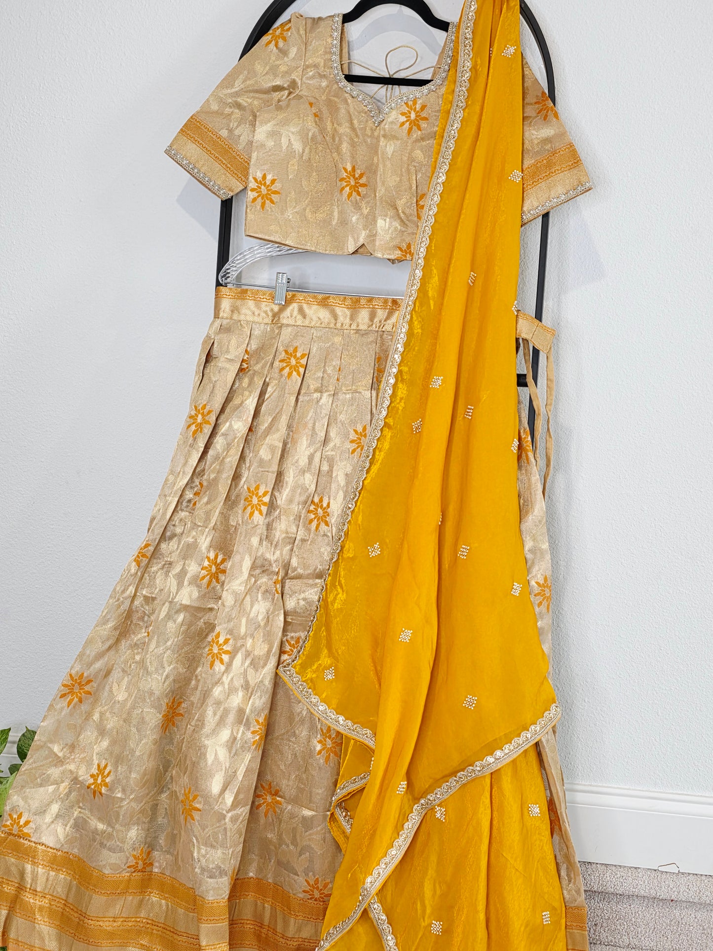 Champagne Gold Tissue Organza Lehenga Set with Mustard Space Silk Dupatta