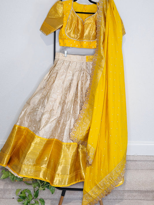 Ivory Champagne & Saffron Gold Tissue Banarasi Chikankari Lehenga Set — Trending Color Combination Bridal Lehenga Choli with Munga Silk Dupatta
