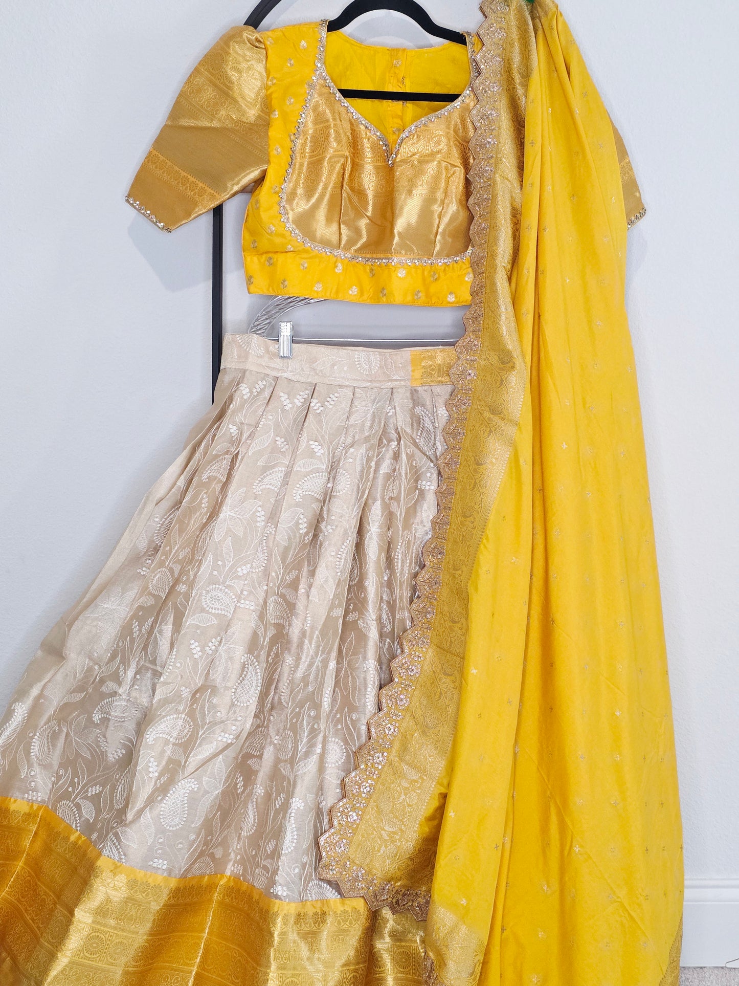 Ivory Champagne & Saffron Gold Tissue Banarasi Chikankari Lehenga Set — Trending Color Combination Bridal Lehenga Choli with Munga Silk Dupatta