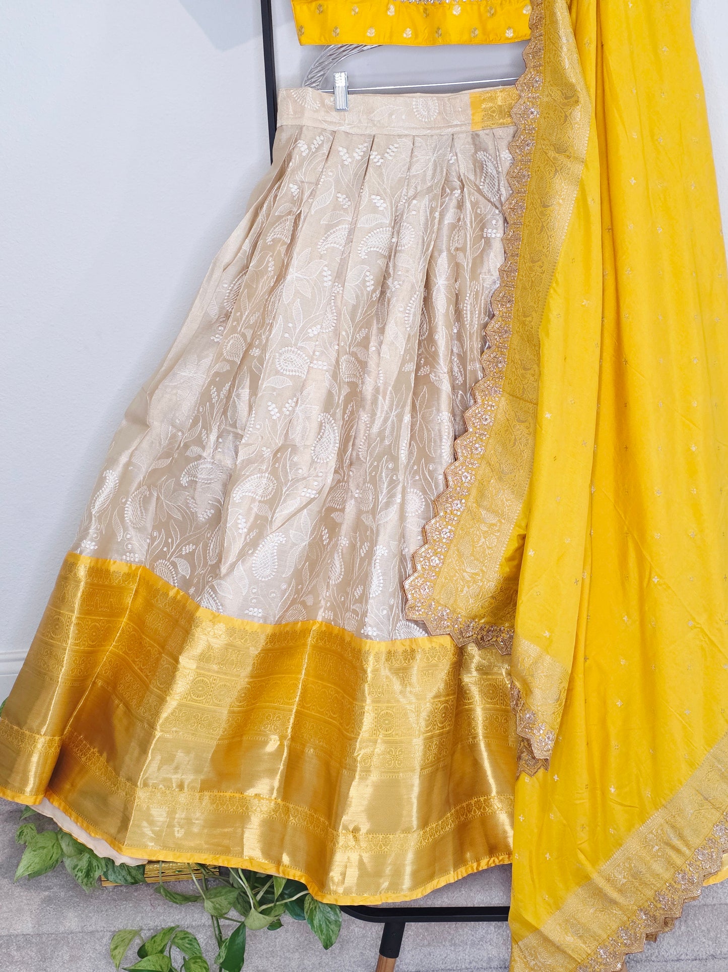 Ivory Champagne & Saffron Gold Tissue Banarasi Chikankari Lehenga Set — Trending Color Combination Bridal Lehenga Choli with Munga Silk Dupatta
