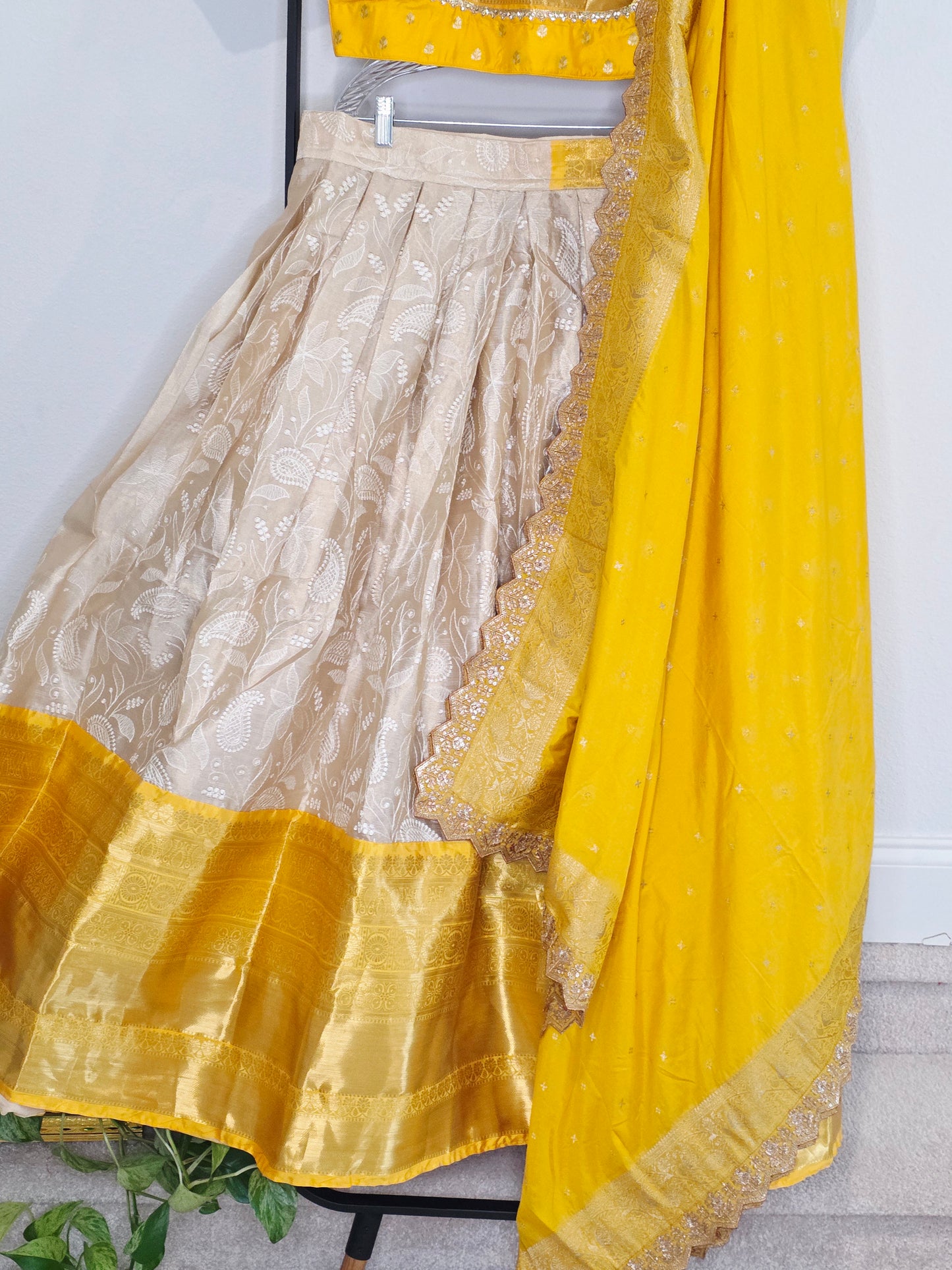 Ivory Champagne & Saffron Gold Tissue Banarasi Chikankari Lehenga Set — Trending Color Combination Bridal Lehenga Choli with Munga Silk Dupatta
