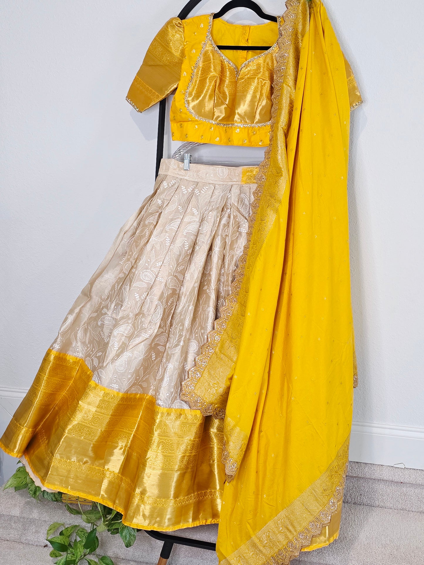 Ivory Champagne & Saffron Gold Tissue Banarasi Chikankari Lehenga Set — Trending Color Combination Bridal Lehenga Choli with Munga Silk Dupatta