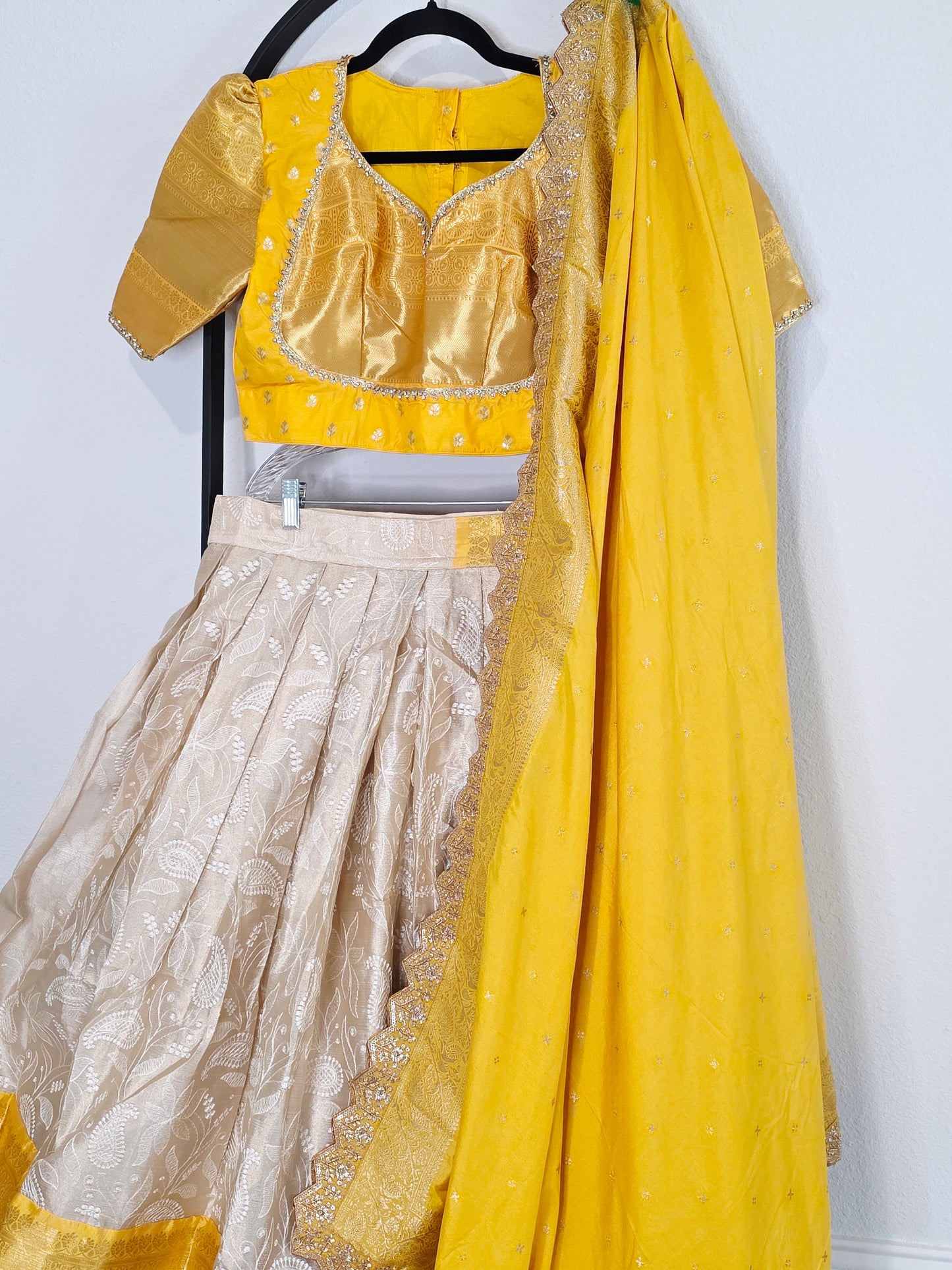 Ivory Champagne & Saffron Gold Tissue Banarasi Chikankari Lehenga Set — Trending Color Combination Bridal Lehenga Choli with Munga Silk Dupatta