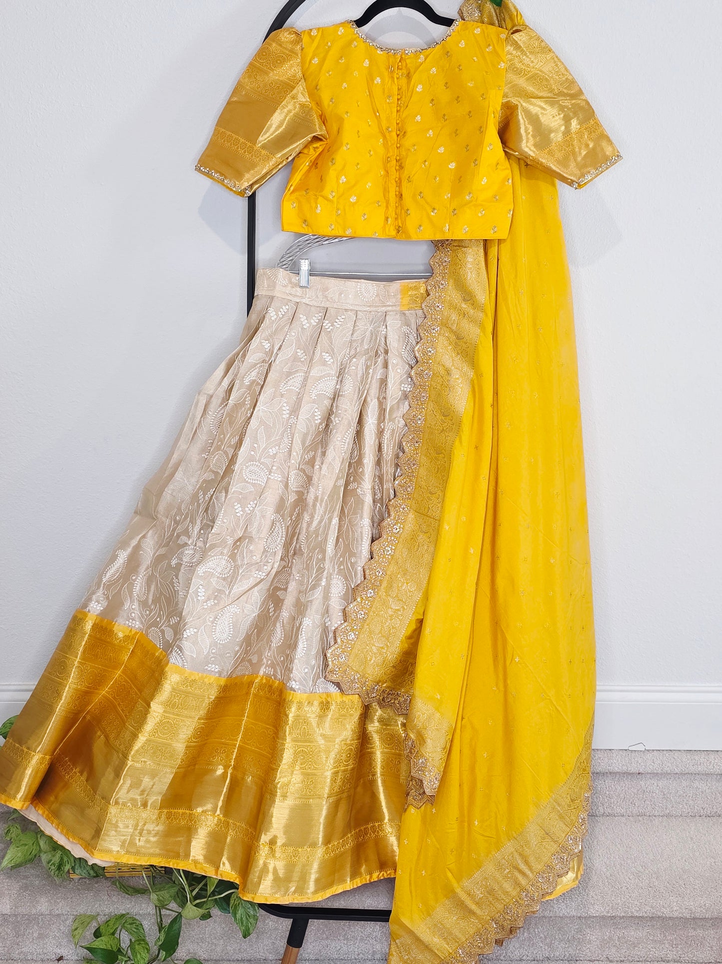 Ivory Champagne & Saffron Gold Tissue Banarasi Chikankari Lehenga Set — Trending Color Combination Bridal Lehenga Choli with Munga Silk Dupatta