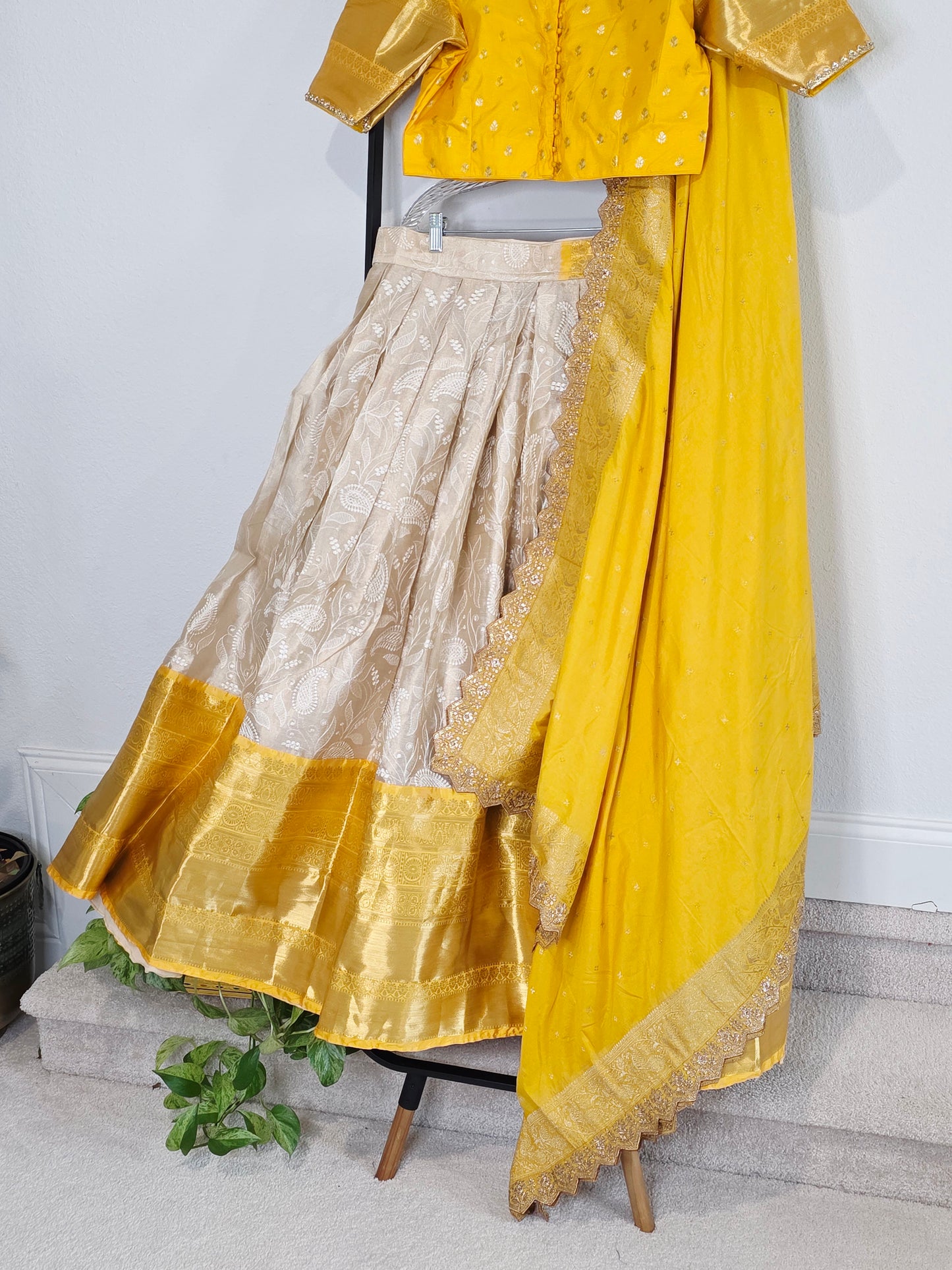 Ivory Champagne & Saffron Gold Tissue Banarasi Chikankari Lehenga Set — Trending Color Combination Bridal Lehenga Choli with Munga Silk Dupatta