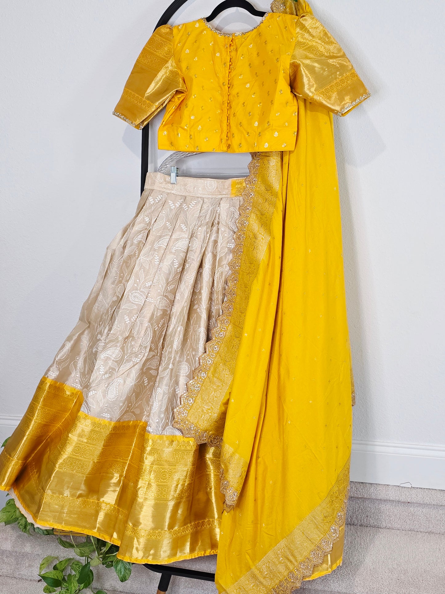 Ivory Champagne & Saffron Gold Tissue Banarasi Chikankari Lehenga Set — Trending Color Combination Bridal Lehenga Choli with Munga Silk Dupatta