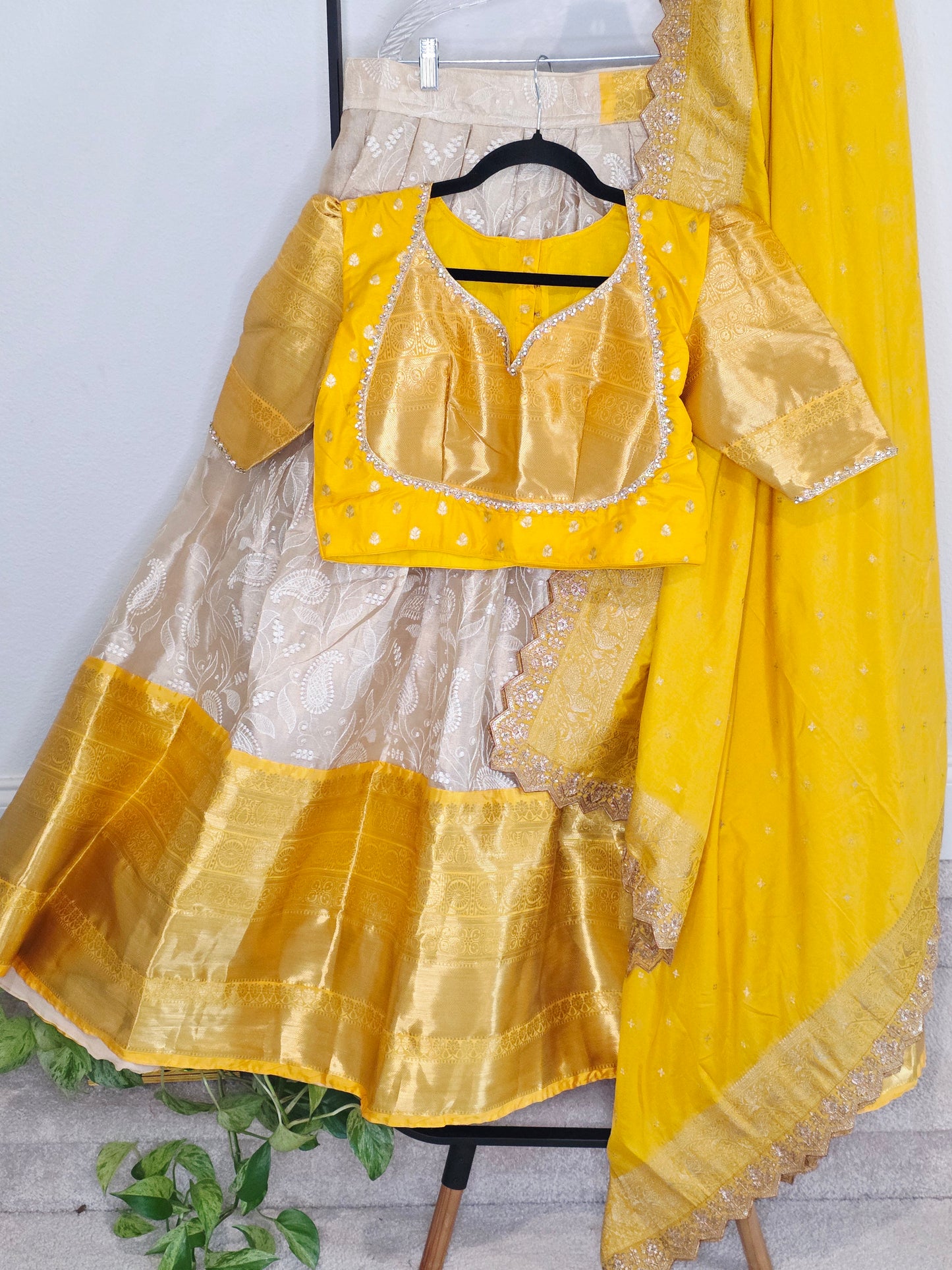 Ivory Champagne & Saffron Gold Tissue Banarasi Chikankari Lehenga Set — Trending Color Combination Bridal Lehenga Choli with Munga Silk Dupatta