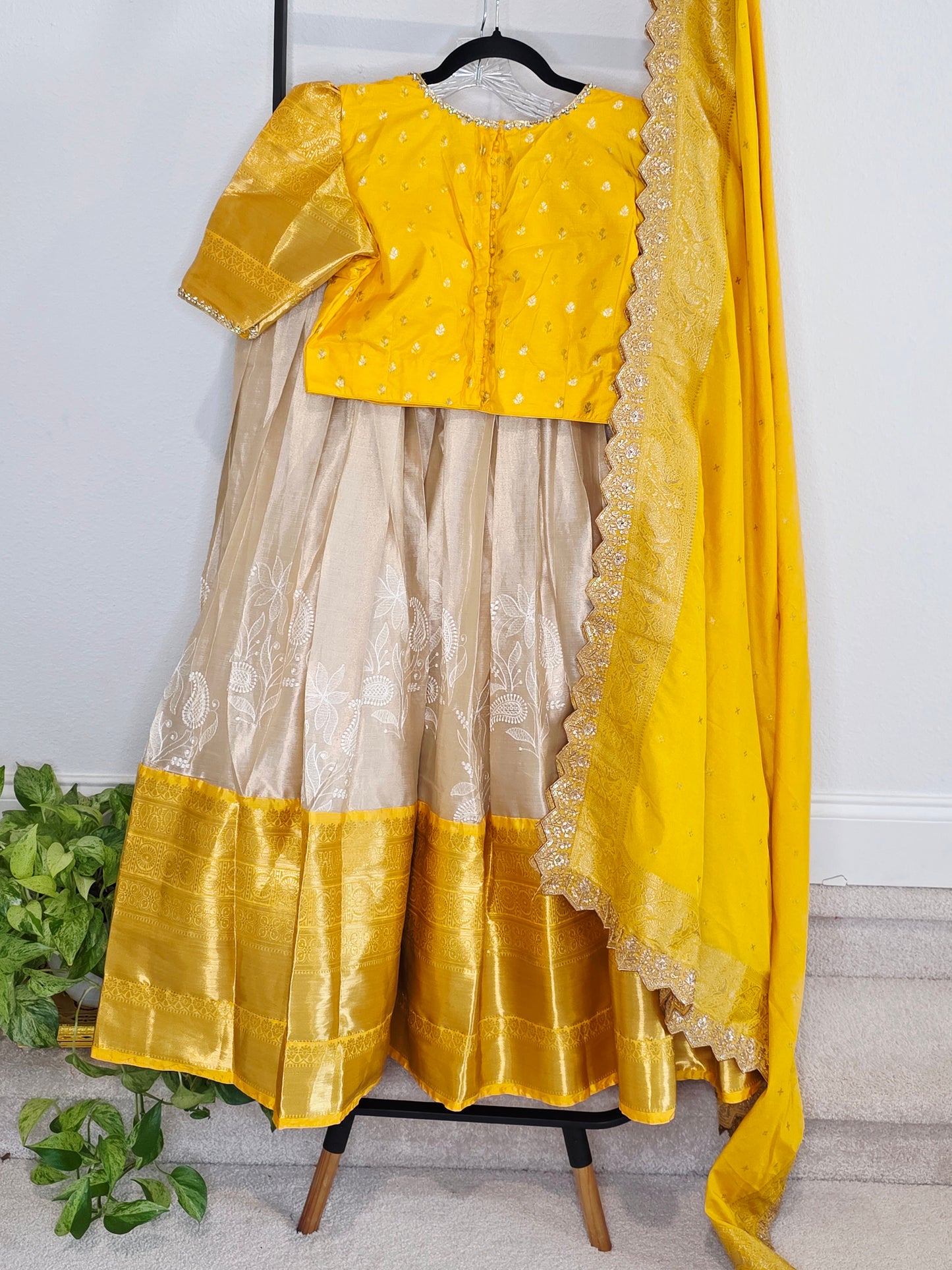 Ivory Champagne & Saffron Gold Tissue Banarasi Chikankari Lehenga Set — Trending Color Combination Bridal Lehenga Choli with Munga Silk Dupatta