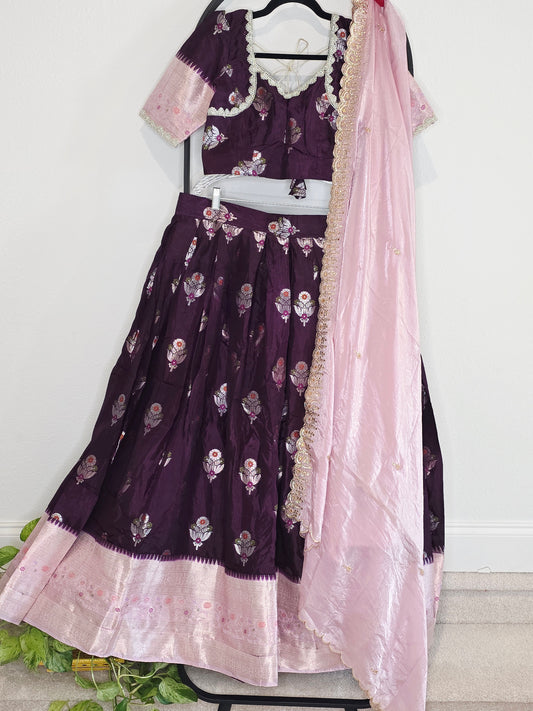 Deep Plum & Blush Rose Banarasi flower Butta Lehenga Set — Meenakari Silk Bridal Lehenga Choli with Pink Zari Border & Space Silk Dupatta