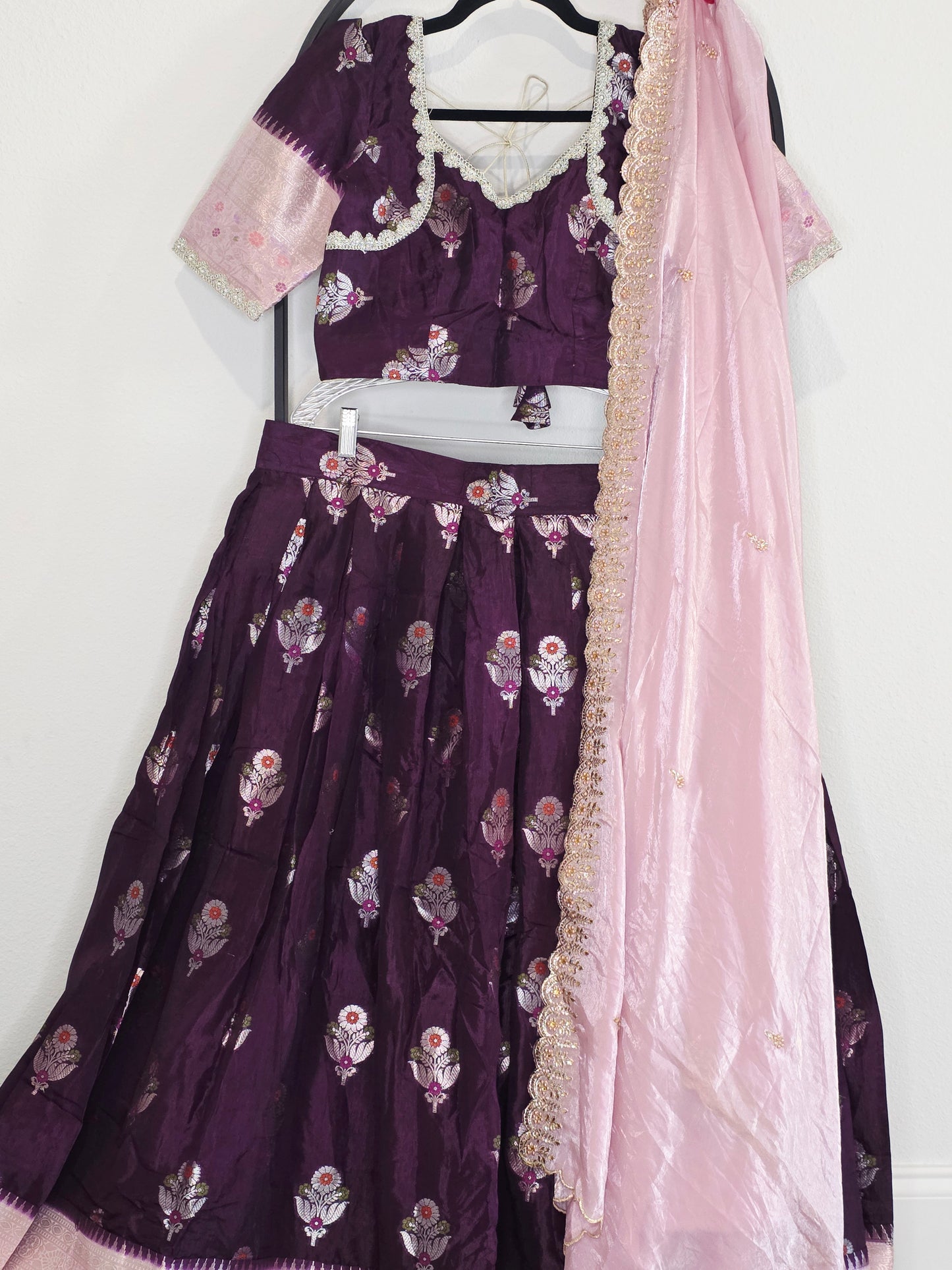 Deep Plum & Blush Rose Banarasi flower Butta Lehenga Set — Meenakari Silk Bridal Lehenga Choli with Pink Zari Border & Space Silk Dupatta
