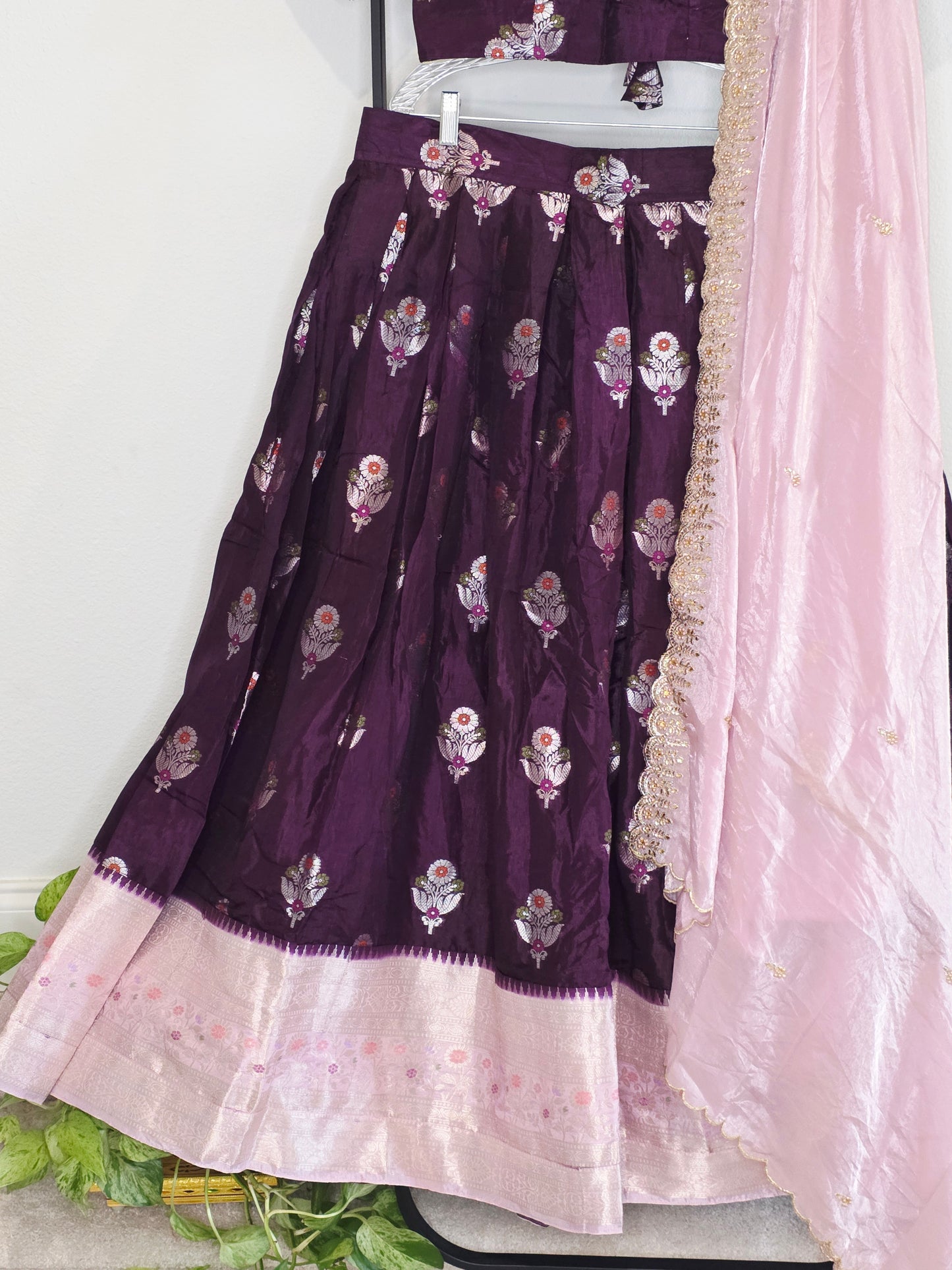 Deep Plum & Blush Rose Banarasi flower Butta Lehenga Set — Meenakari Silk Bridal Lehenga Choli with Pink Zari Border & Space Silk Dupatta