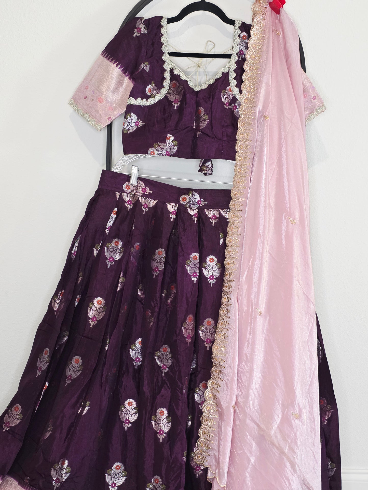 Deep Plum & Blush Rose Banarasi flower Butta Lehenga Set — Meenakari Silk Bridal Lehenga Choli with Pink Zari Border & Space Silk Dupatta