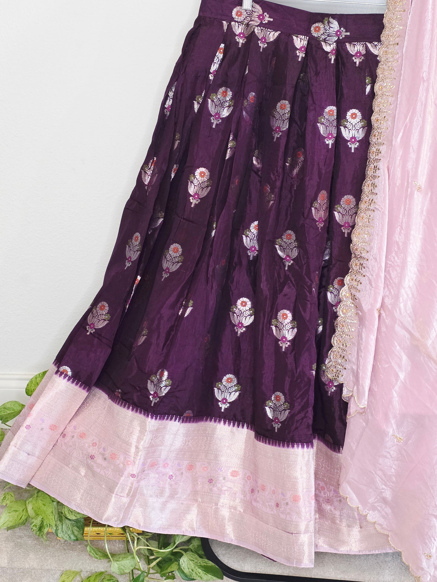 Deep Plum & Blush Rose Banarasi flower Butta Lehenga Set — Meenakari Silk Bridal Lehenga Choli with Pink Zari Border & Space Silk Dupatta