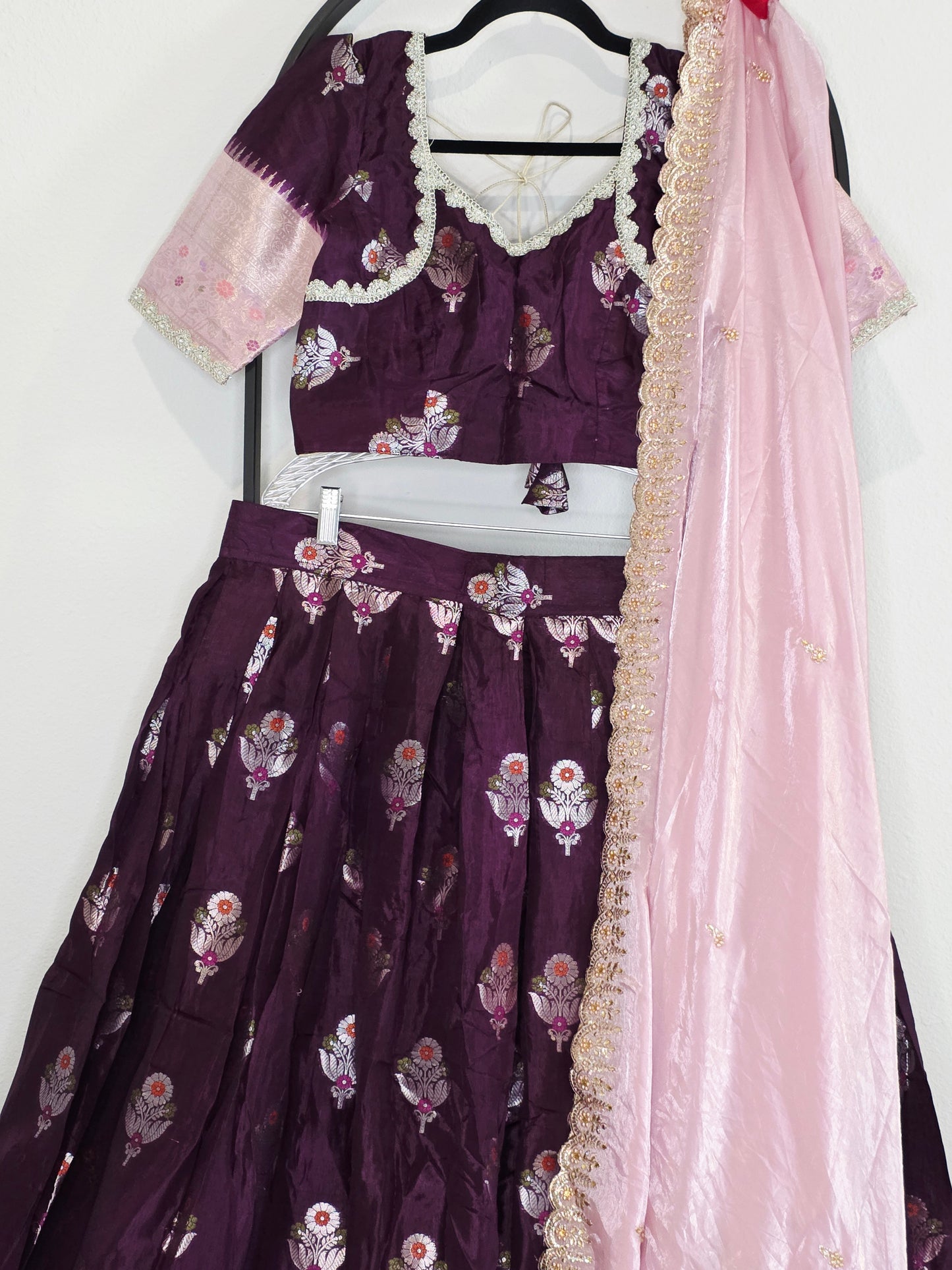 Deep Plum & Blush Rose Banarasi flower Butta Lehenga Set — Meenakari Silk Bridal Lehenga Choli with Pink Zari Border & Space Silk Dupatta