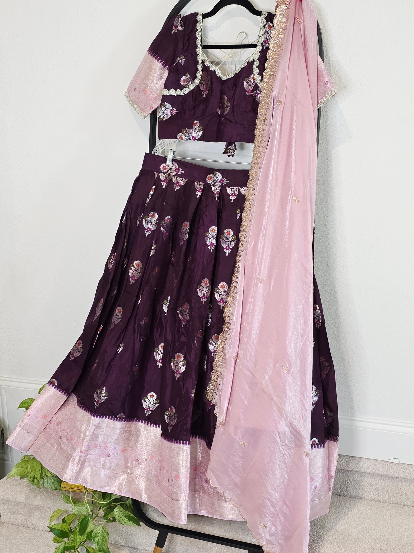 Deep Plum & Blush Rose Banarasi flower Butta Lehenga Set — Meenakari Silk Bridal Lehenga Choli with Pink Zari Border & Space Silk Dupatta
