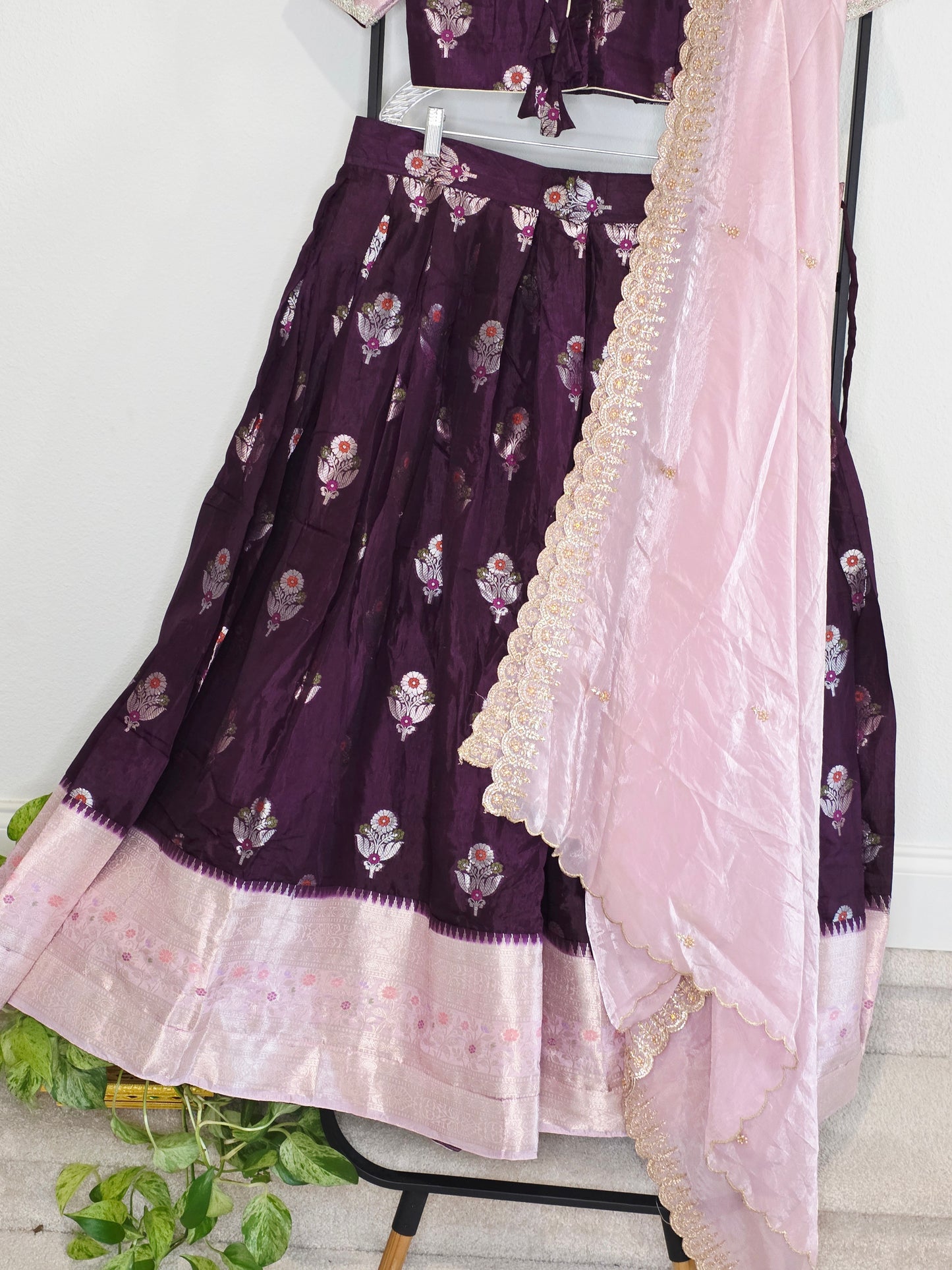 Deep Plum & Blush Rose Banarasi flower Butta Lehenga Set — Meenakari Silk Bridal Lehenga Choli with Pink Zari Border & Space Silk Dupatta
