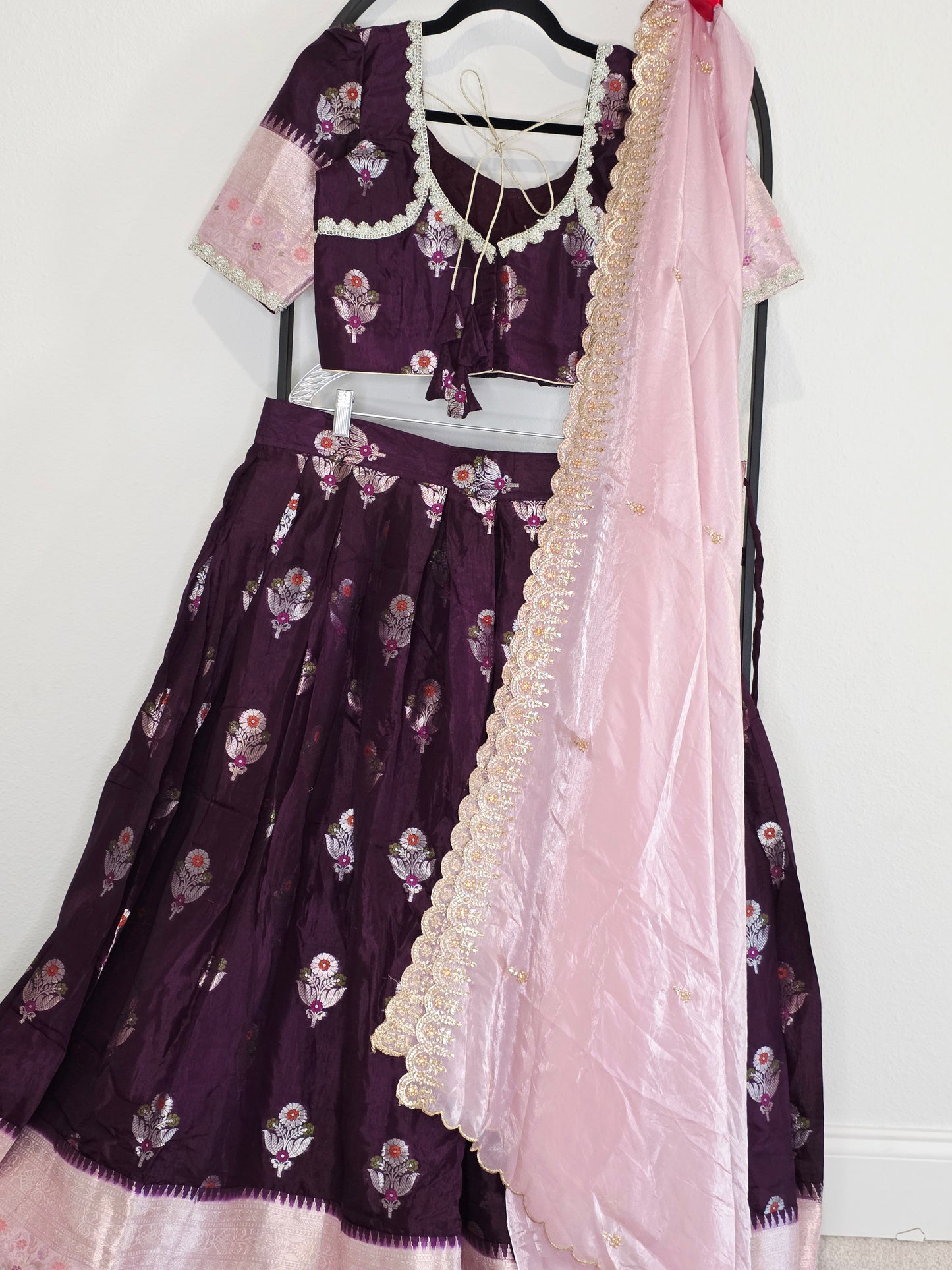 Deep Plum & Blush Rose Banarasi flower Butta Lehenga Set — Meenakari Silk Bridal Lehenga Choli with Pink Zari Border & Space Silk Dupatta