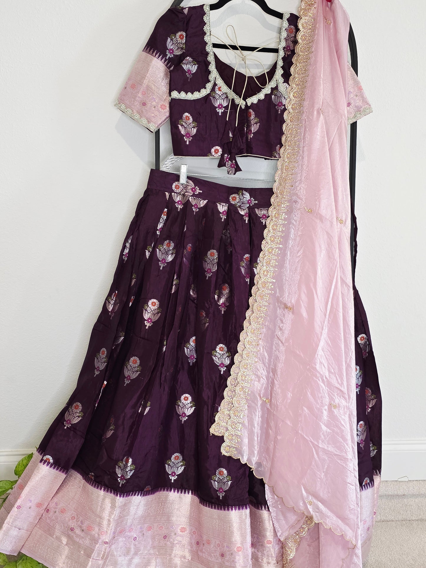 Deep Plum & Blush Rose Banarasi flower Butta Lehenga Set — Meenakari Silk Bridal Lehenga Choli with Pink Zari Border & Space Silk Dupatta