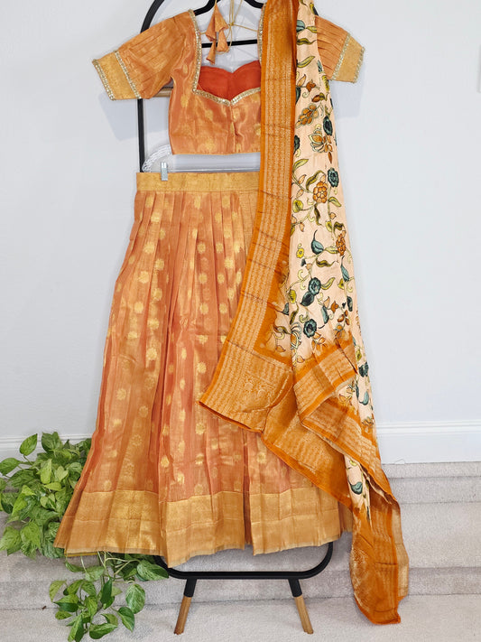 Sunset Mango Gold Tissue Jute Silk Benarasi Lehenga Set with Kalamkari Dola Silk Dupatta