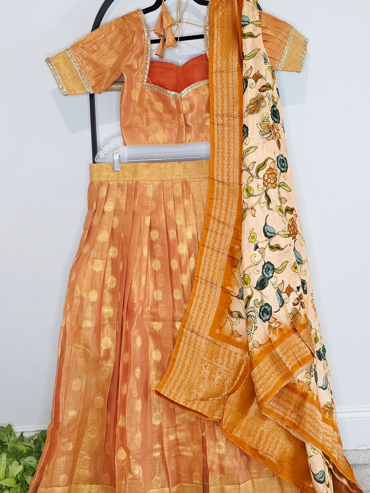 Sunset Mango Gold Tissue Jute Silk Benarasi Lehenga Set with Kalamkari Dola Silk Dupatta