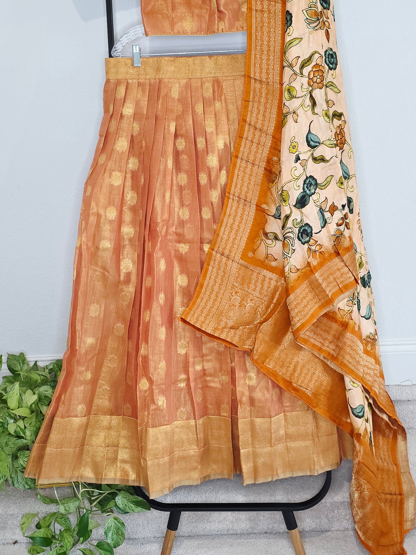 Sunset Mango Gold Tissue Jute Silk Benarasi Lehenga Set with Kalamkari Dola Silk Dupatta