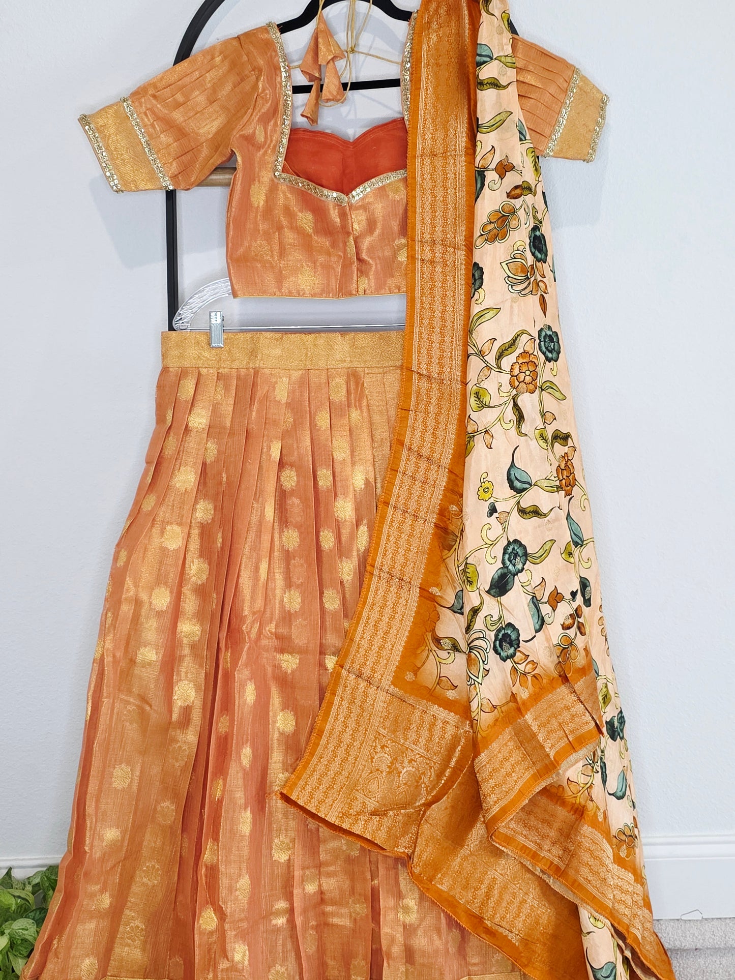 Sunset Mango Gold Tissue Jute Silk Benarasi Lehenga Set with Kalamkari Dola Silk Dupatta