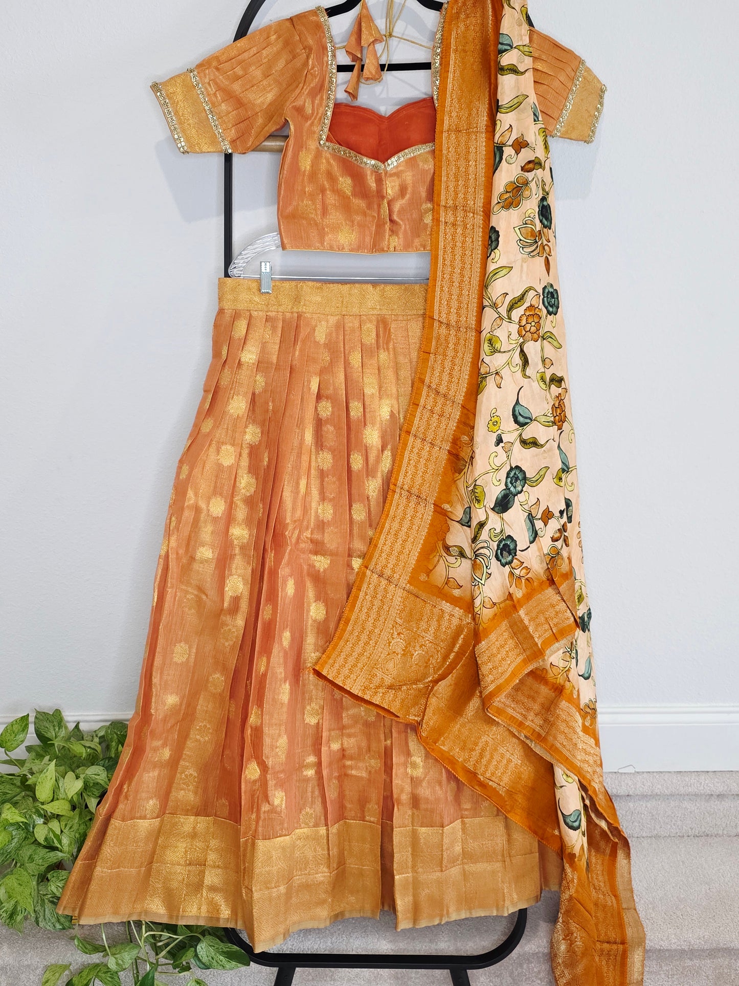 Sunset Mango Gold Tissue Jute Silk Benarasi Lehenga Set with Kalamkari Dola Silk Dupatta