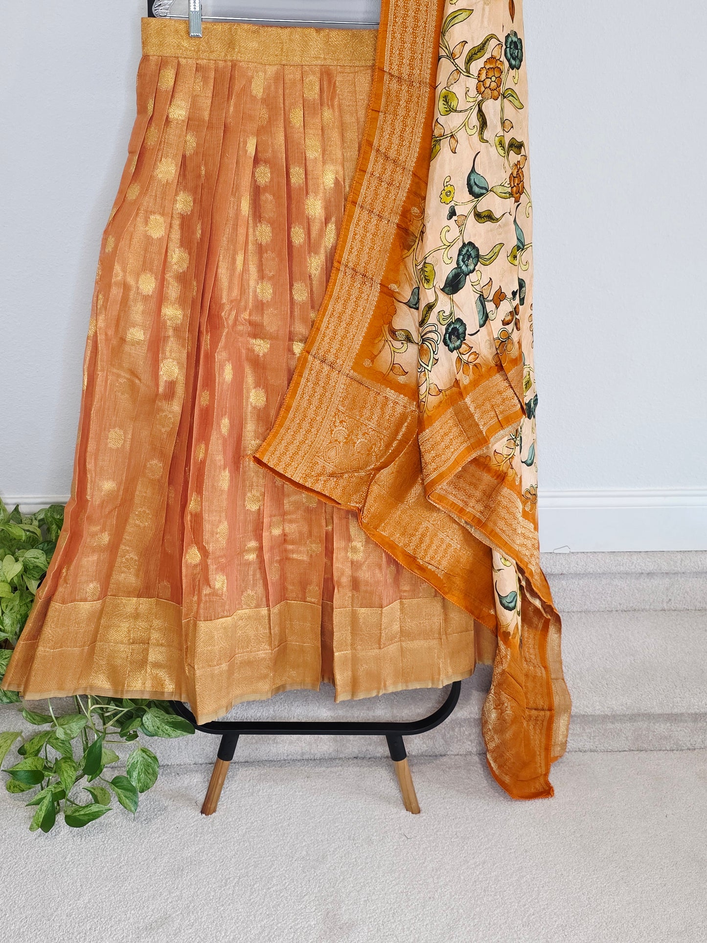 Sunset Mango Gold Tissue Jute Silk Benarasi Lehenga Set with Kalamkari Dola Silk Dupatta