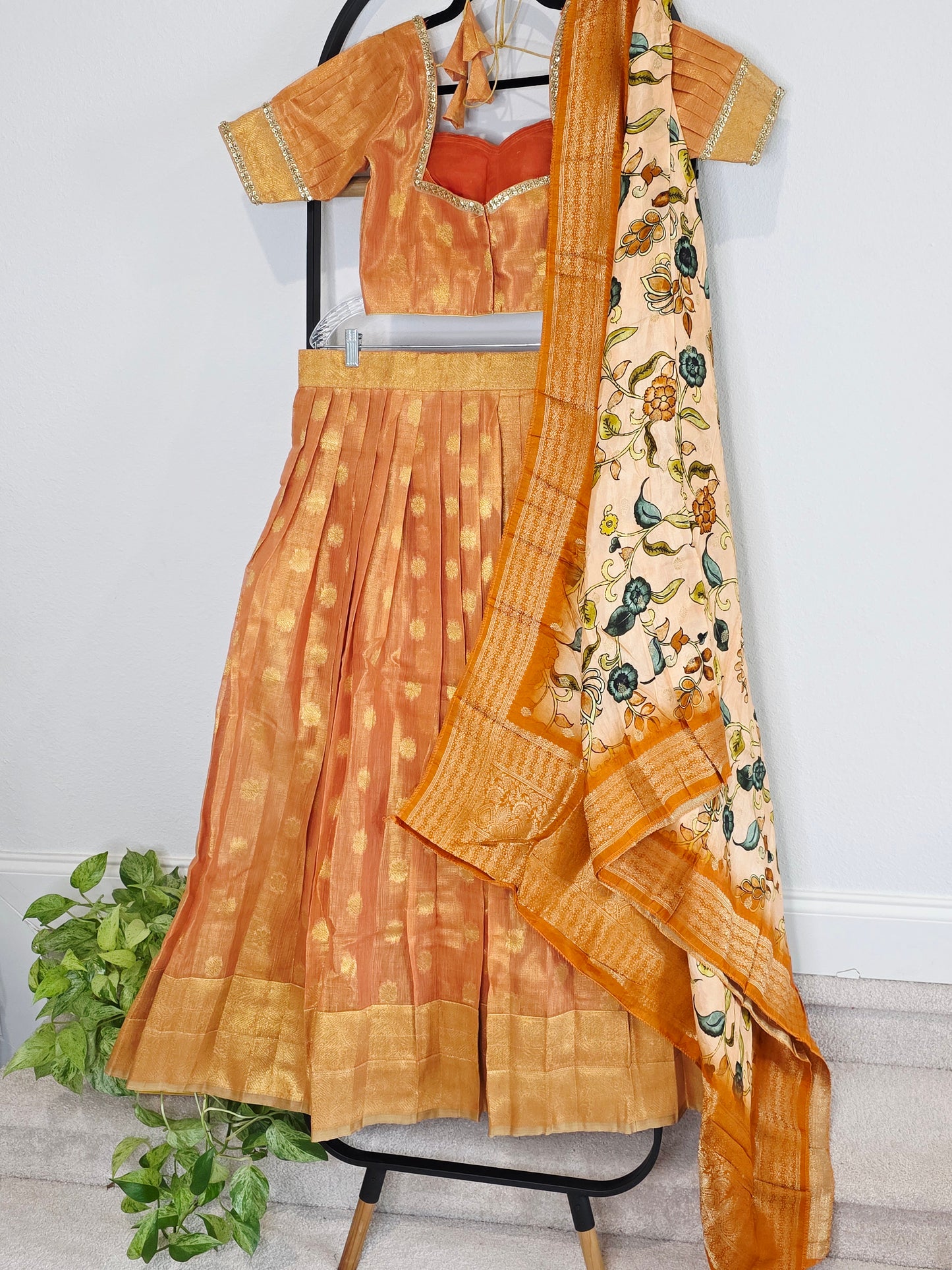 Sunset Mango Gold Tissue Jute Silk Benarasi Lehenga Set with Kalamkari Dola Silk Dupatta