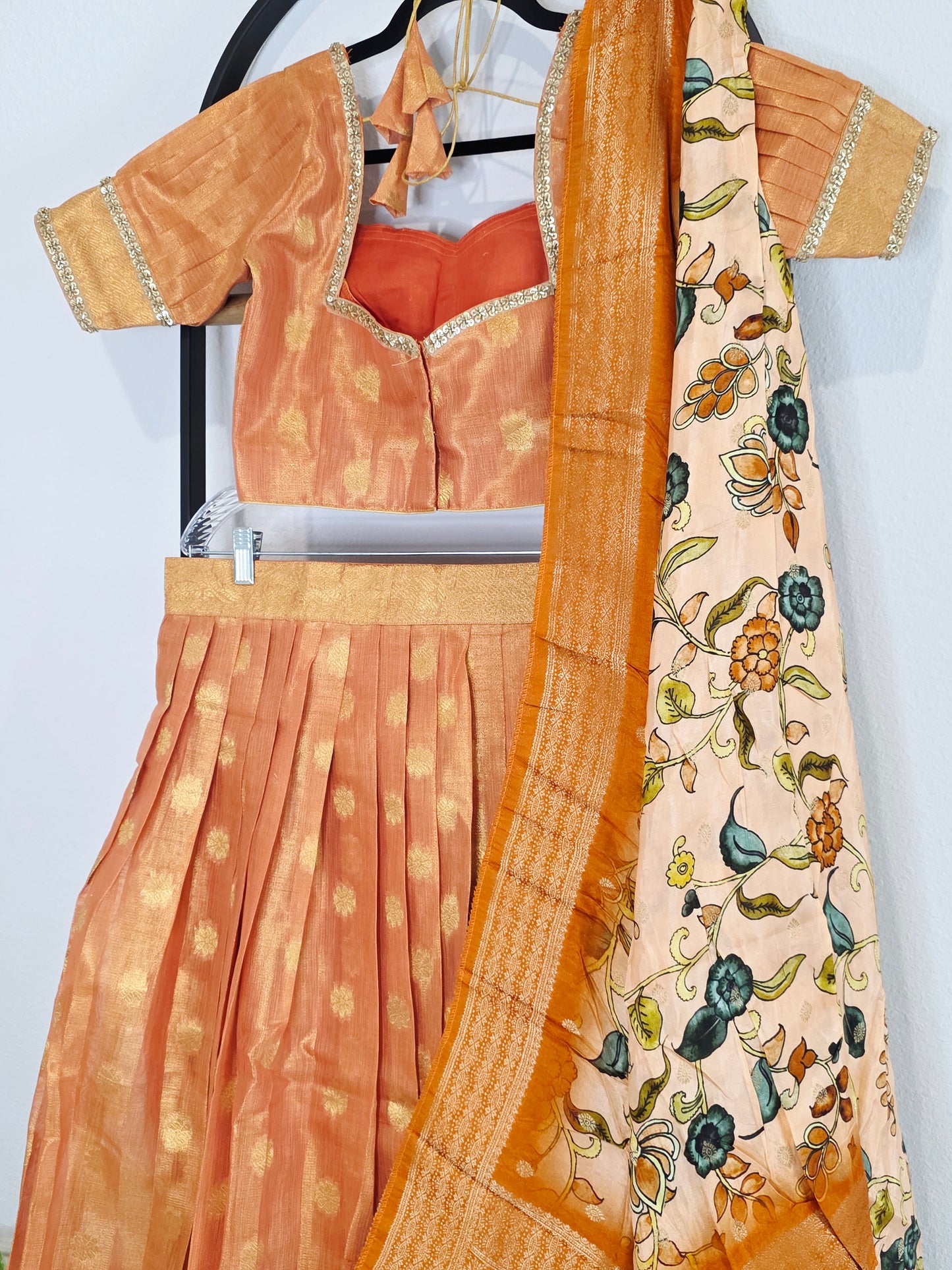 Sunset Mango Gold Tissue Jute Silk Benarasi Lehenga Set with Kalamkari Dola Silk Dupatta