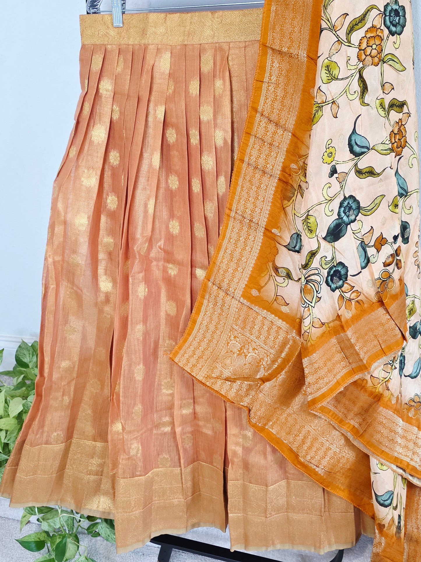Sunset Mango Gold Tissue Jute Silk Benarasi Lehenga Set with Kalamkari Dola Silk Dupatta