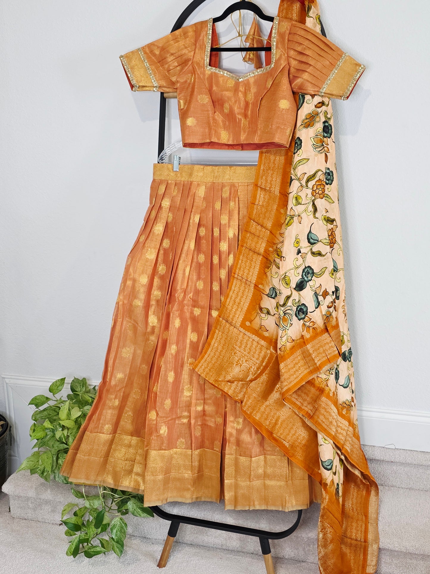 Sunset Mango Gold Tissue Jute Silk Benarasi Lehenga Set with Kalamkari Dola Silk Dupatta