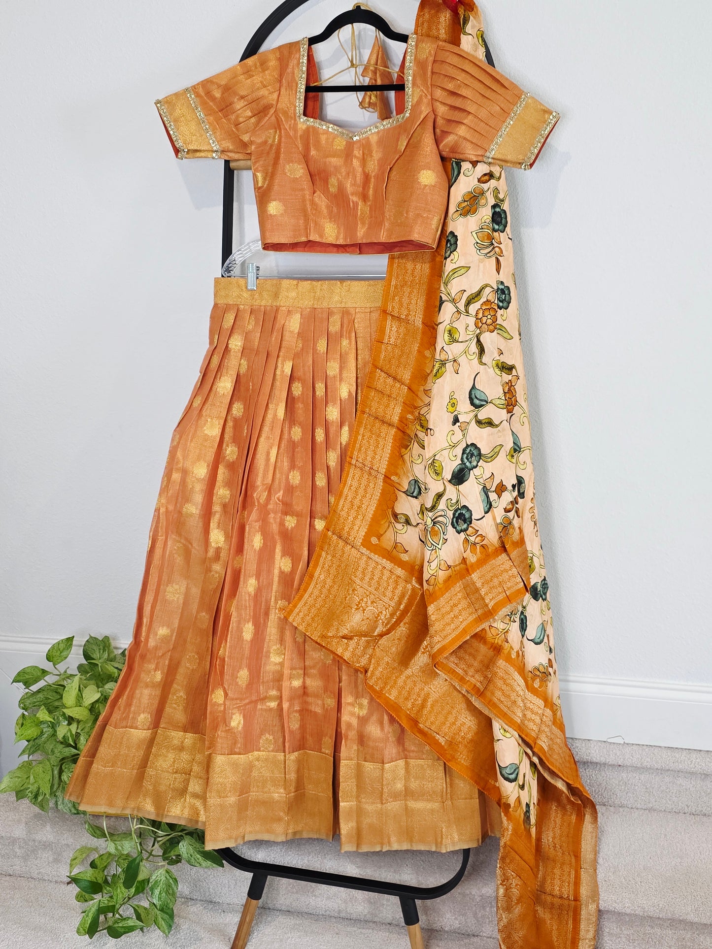 Sunset Mango Gold Tissue Jute Silk Benarasi Lehenga Set with Kalamkari Dola Silk Dupatta