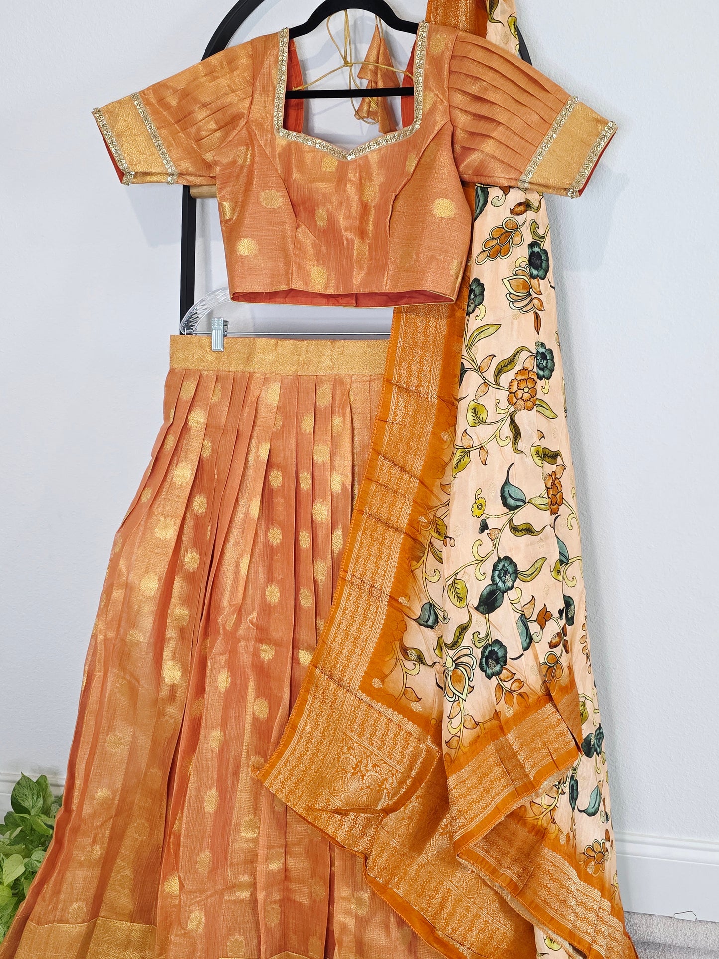Sunset Mango Gold Tissue Jute Silk Benarasi Lehenga Set with Kalamkari Dola Silk Dupatta