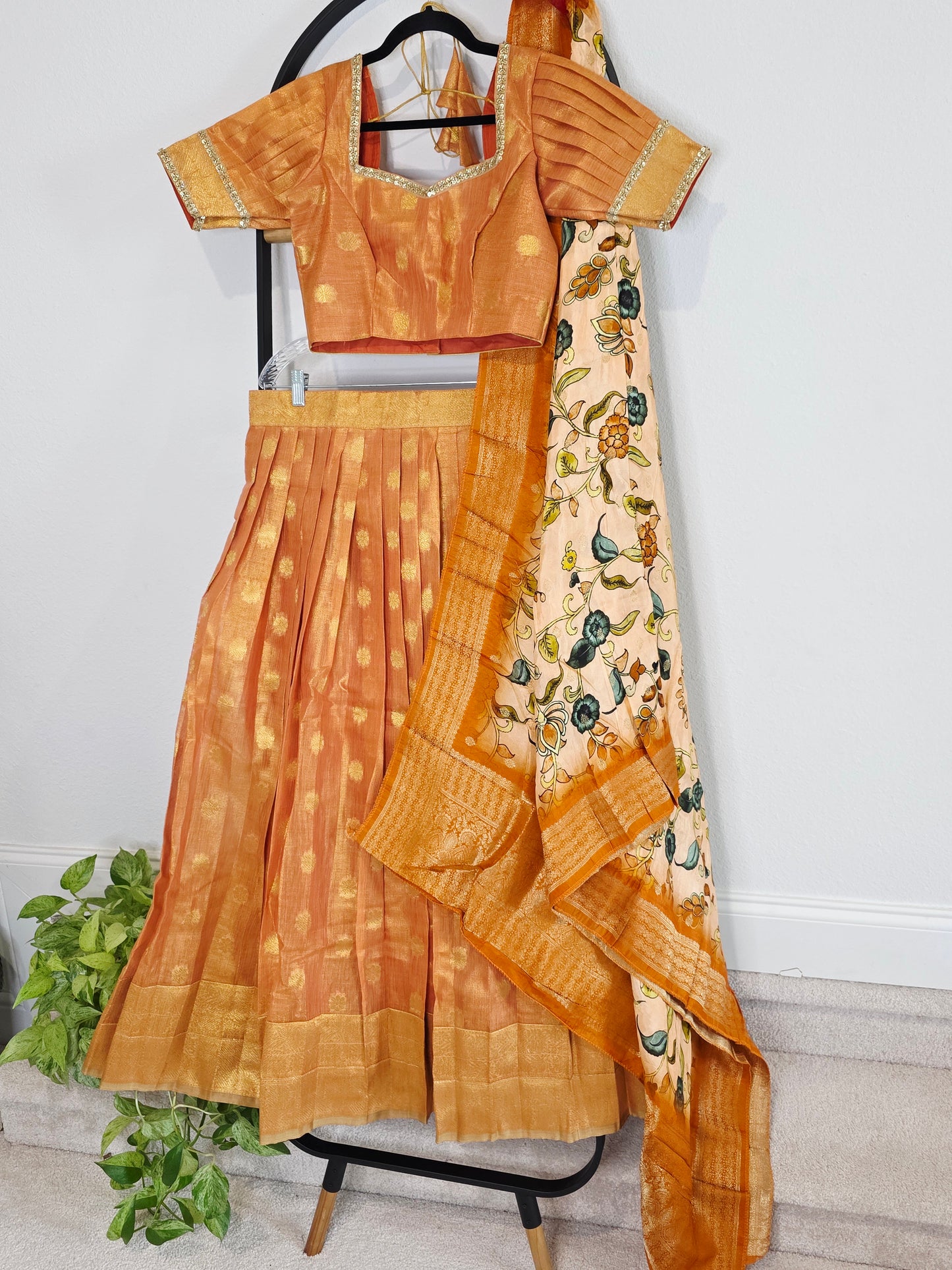 Sunset Mango Gold Tissue Jute Silk Benarasi Lehenga Set with Kalamkari Dola Silk Dupatta