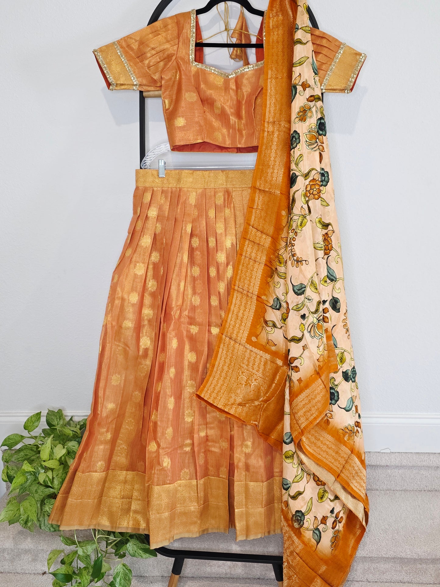 Sunset Mango Gold Tissue Jute Silk Benarasi Lehenga Set with Kalamkari Dola Silk Dupatta