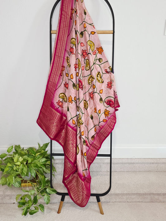 Blush Pink & Rani Magenta Kalamkari Print Benarasi Dola Silk Dupatta