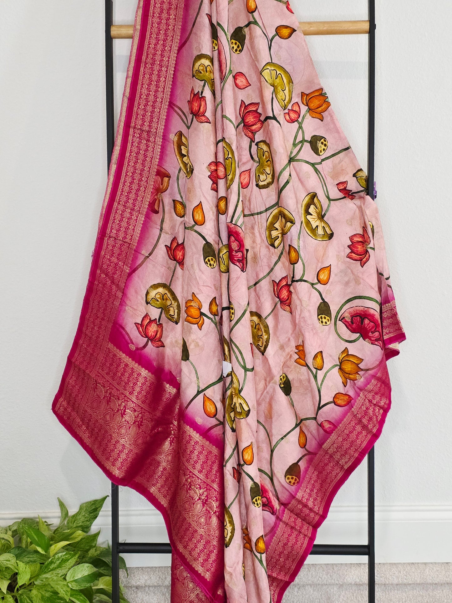 Blush Pink & Rani Magenta Kalamkari Print Benarasi Dola Silk Dupatta