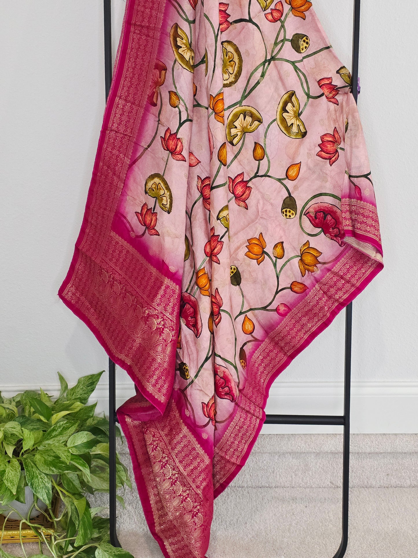 Blush Pink & Rani Magenta Kalamkari Print Benarasi Dola Silk Dupatta