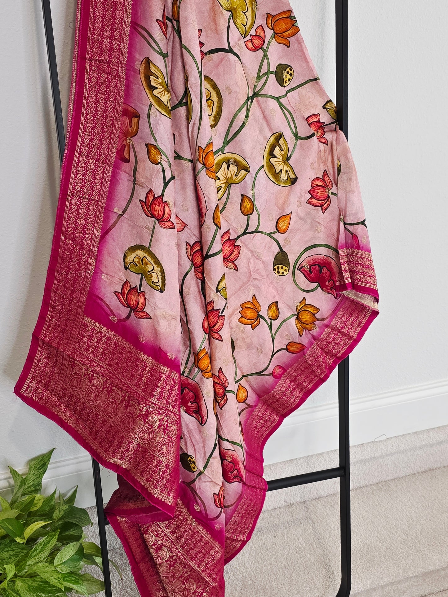 Blush Pink & Rani Magenta Kalamkari Print Benarasi Dola Silk Dupatta