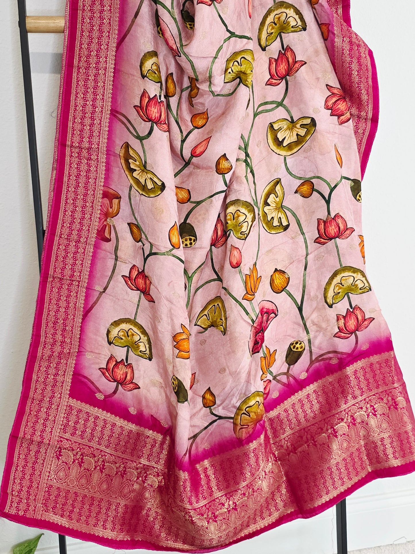 Blush Pink & Rani Magenta Kalamkari Print Benarasi Dola Silk Dupatta