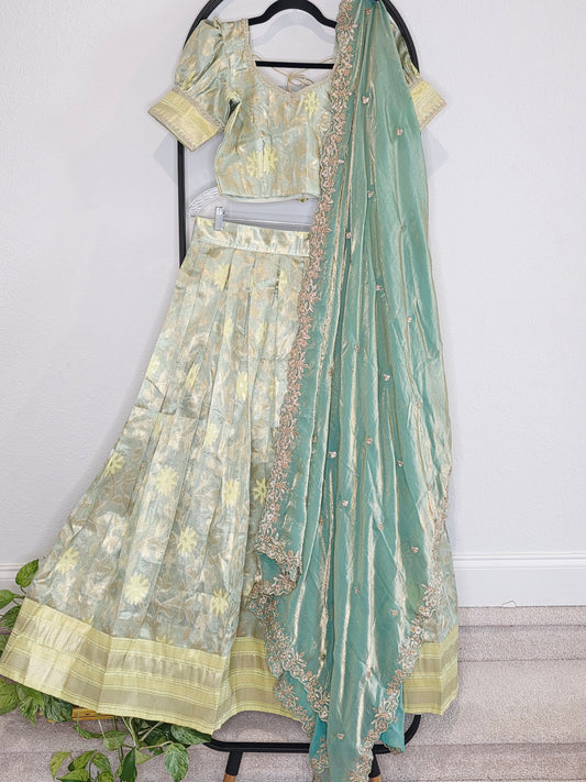Pastel Mint Aqua Tissue Organza Lehenga Set with Space Silk Dupatta
