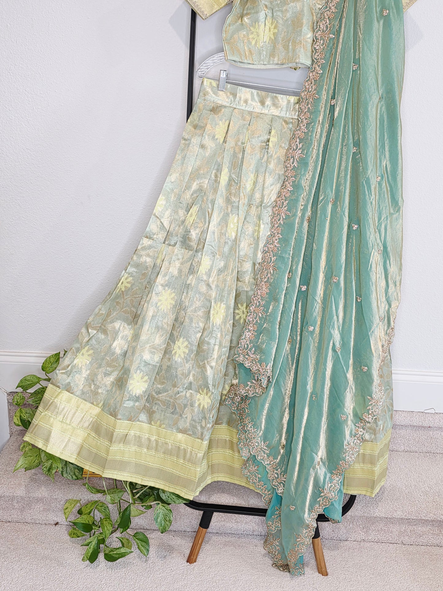 Pastel Mint Aqua Tissue Organza Lehenga Set with Space Silk Dupatta